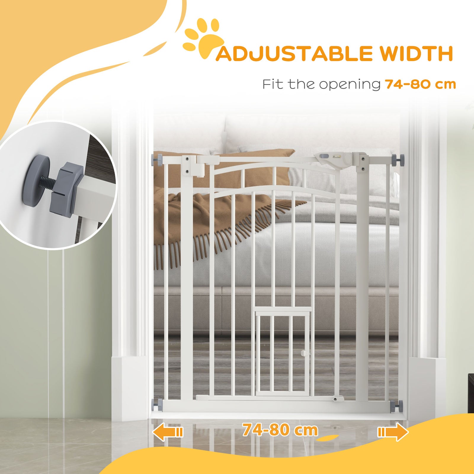 PawHut Pressure Fit Stair Gate, Dog Gate w/ Small Cat Door, Auto Closing System, Double Locking Openings, 74-80cm - White - North Peak Garden Furniture
