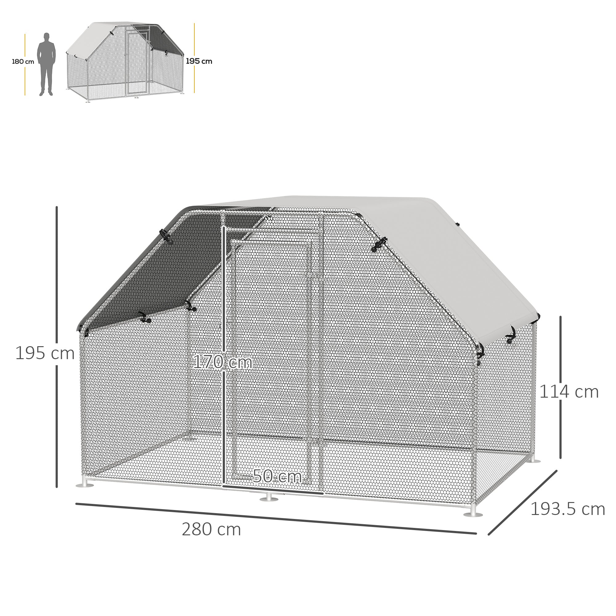 PawHut Walk-In Chicken Coop Run Cage Large Metal Chicken House w/ Cover Outdoor, 280W x 190D x 195H cm