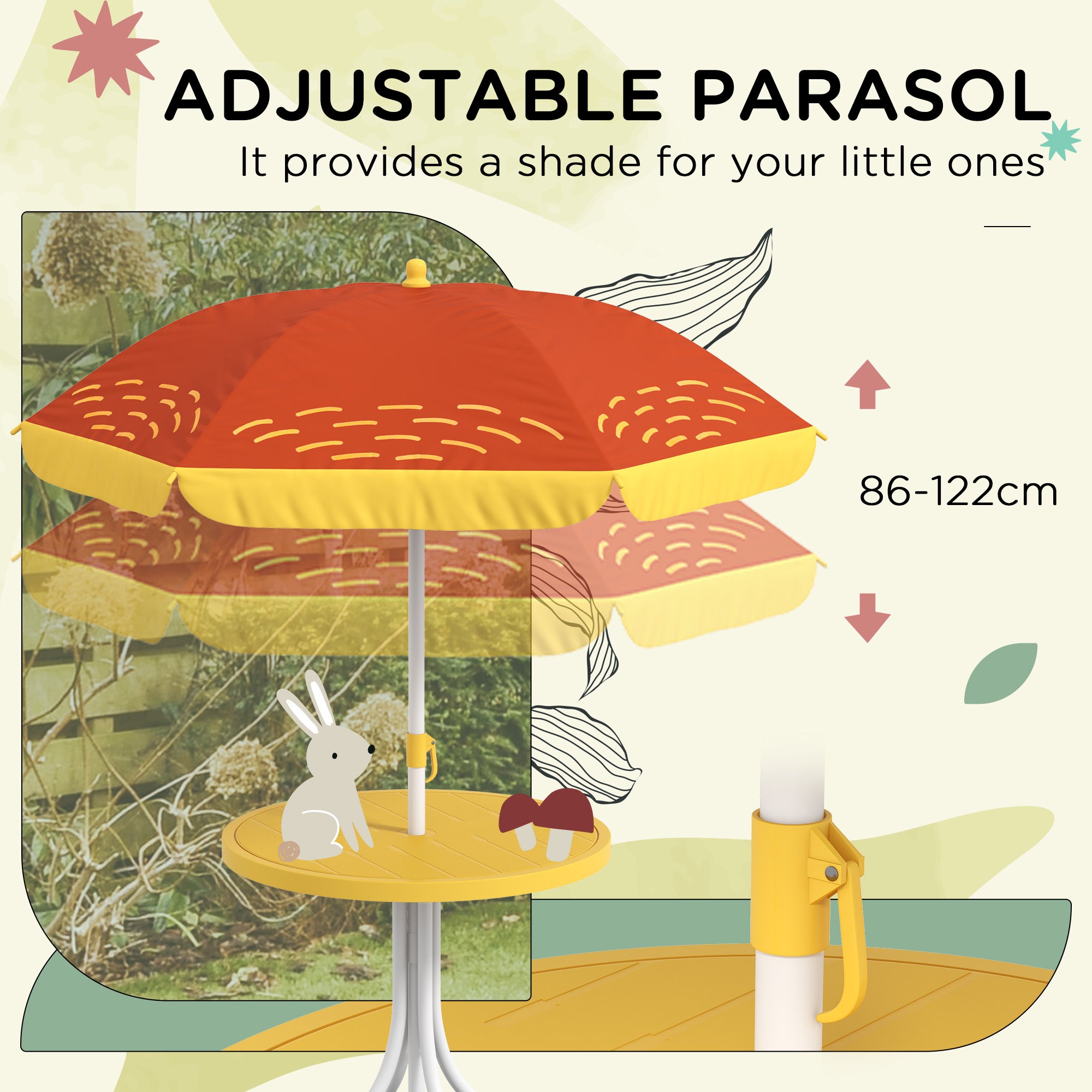 Outsunny Kids Picnic Table and Chair Set, Lion Themed Outdoor Garden Furniture w/ Foldable Chairs, Adjustable Parasol - Yellow - North Peak Garden Furniture