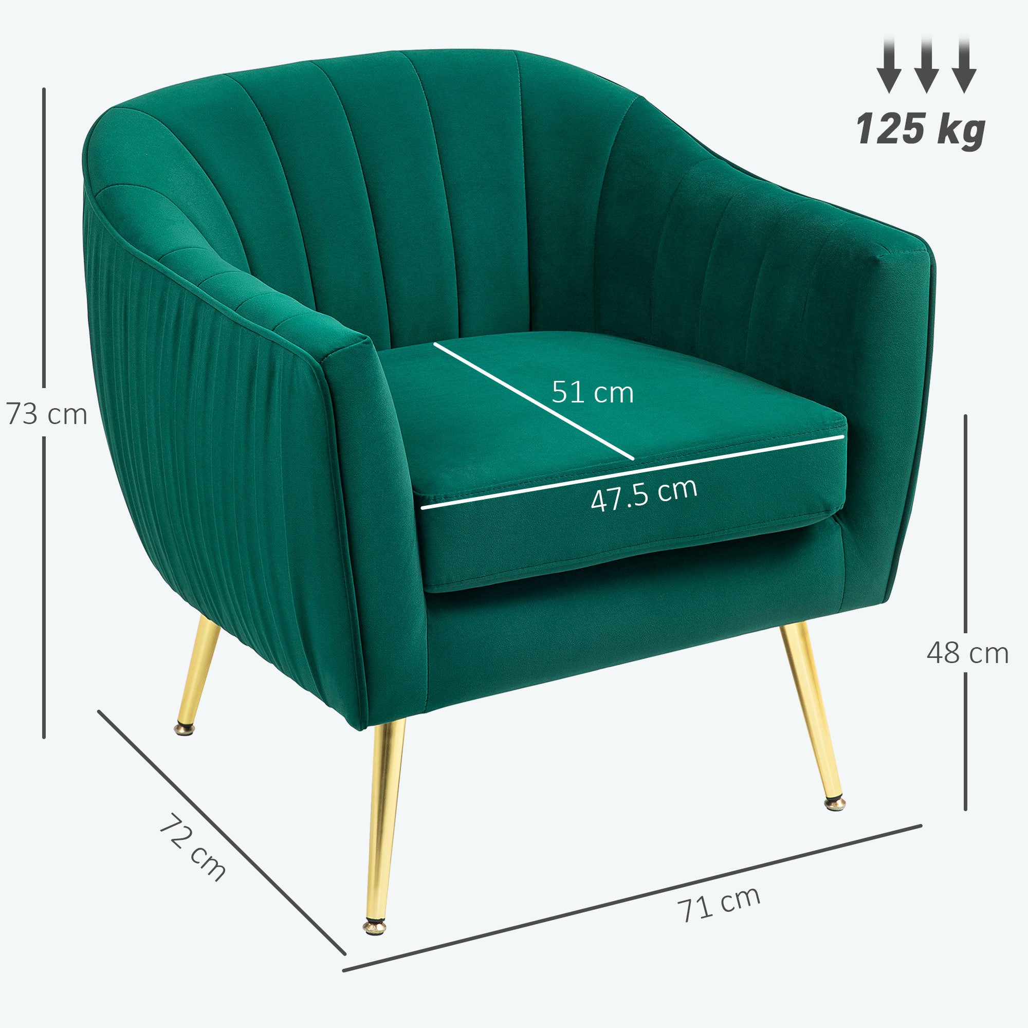 HOMCOM Velvet Tub chair, Luxury Accent Chair with Golden Metal Leg, Comfy Upholstered Armchair with Thick Padded Seat for Living Room, Green