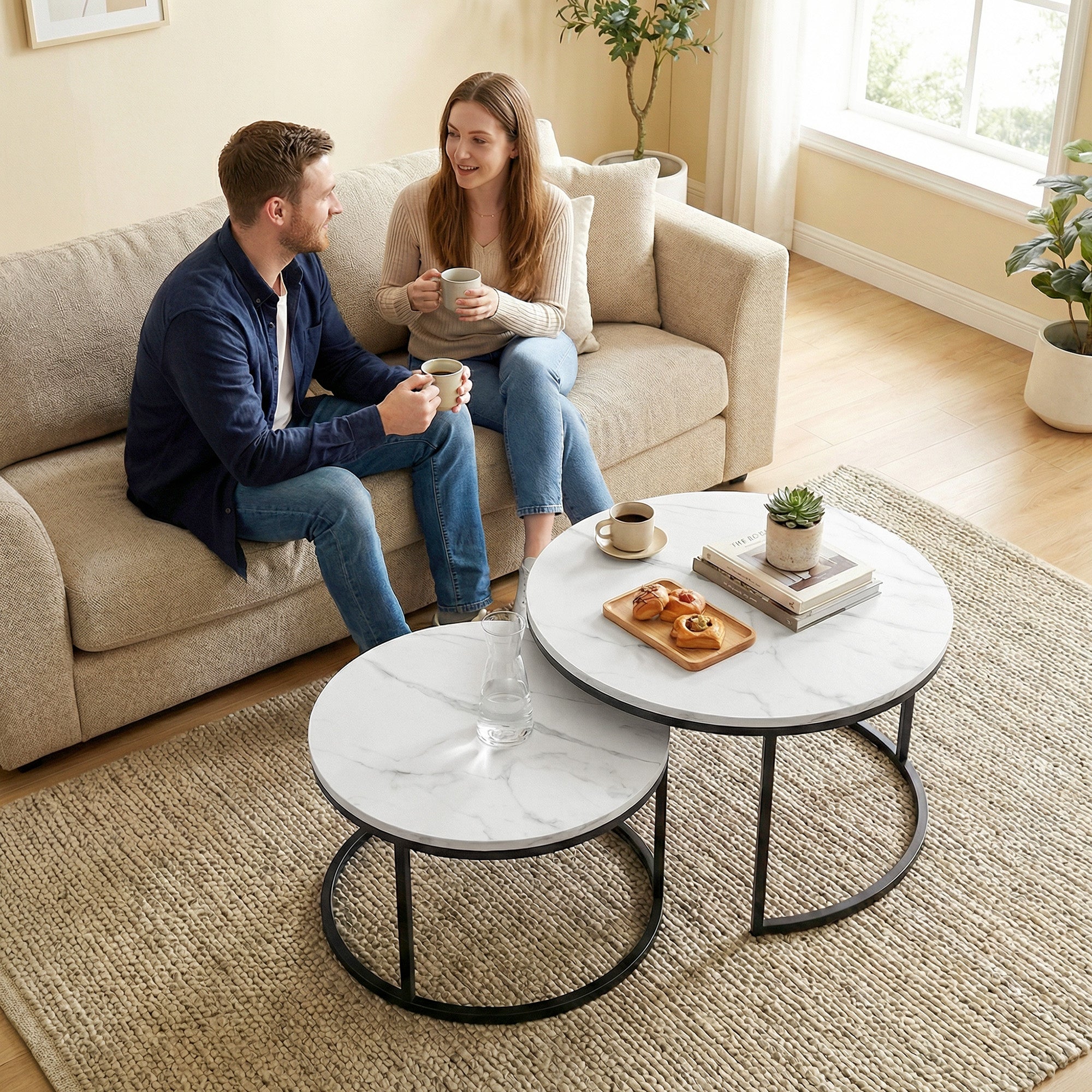 HOMCOM Set of Two Marble-Effect Stacking Tables - White