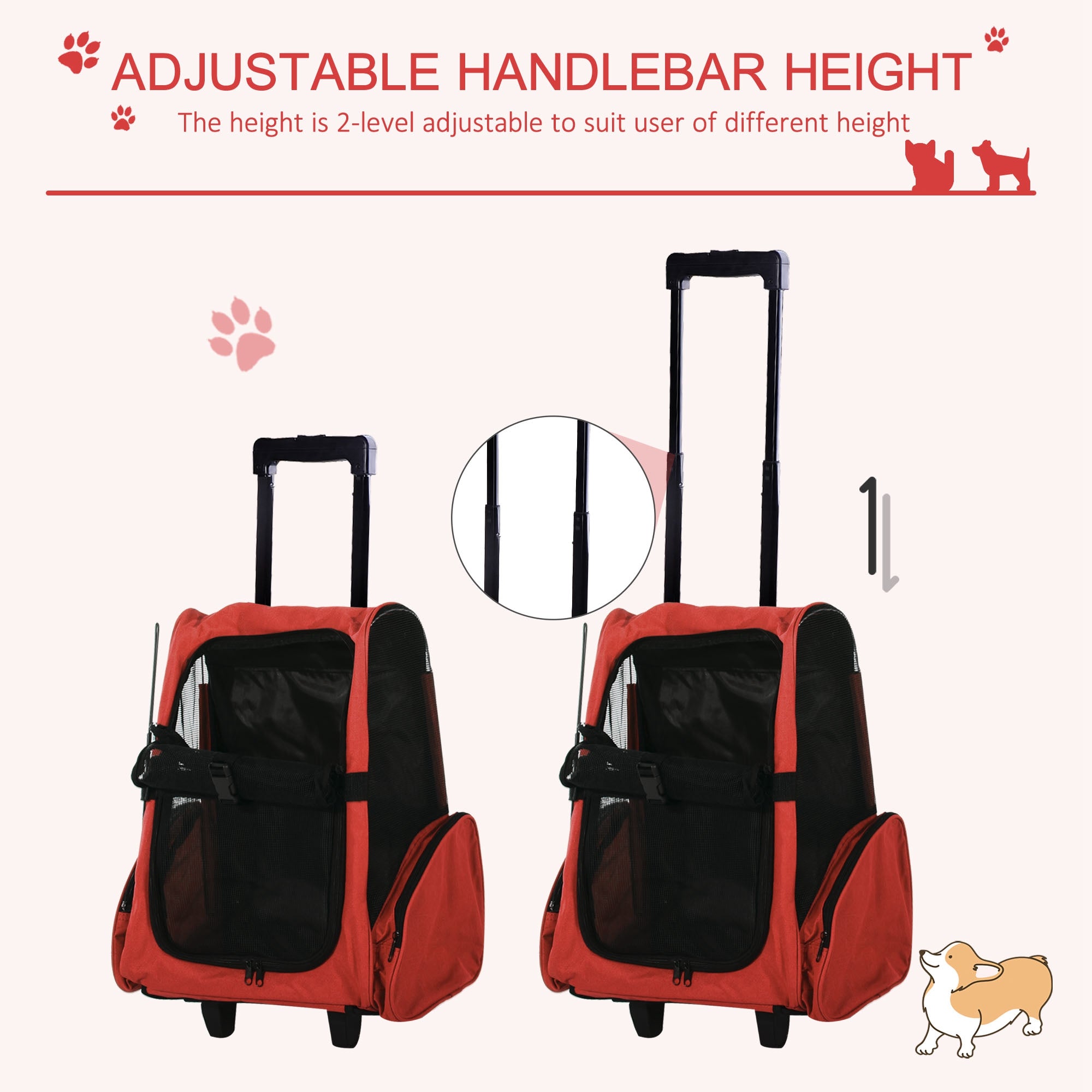 PawHut Pet Travel Backpack Bag Cat Puppy Dog Carrier w/ Trolley and Telescopic Handle Portable Stroller Wheel Luggage Bag (Red) - North Peak Garden Furniture