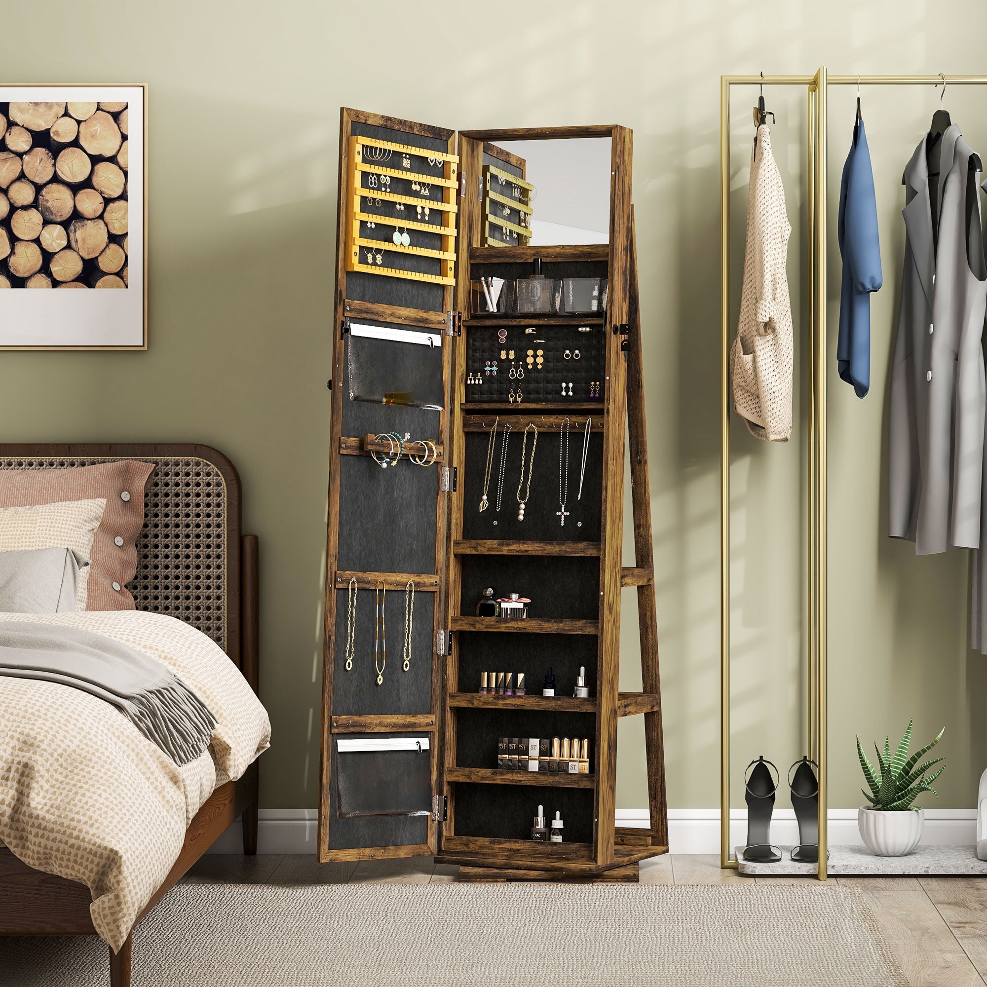 HOMCOM 360° Swivel Jewellery Cabinet, Mirror Armoire, Full Length Mirror, Lockable Jewellery Organiser with Built-In Small Mirror, Rustic Brown - North Peak Garden Furniture