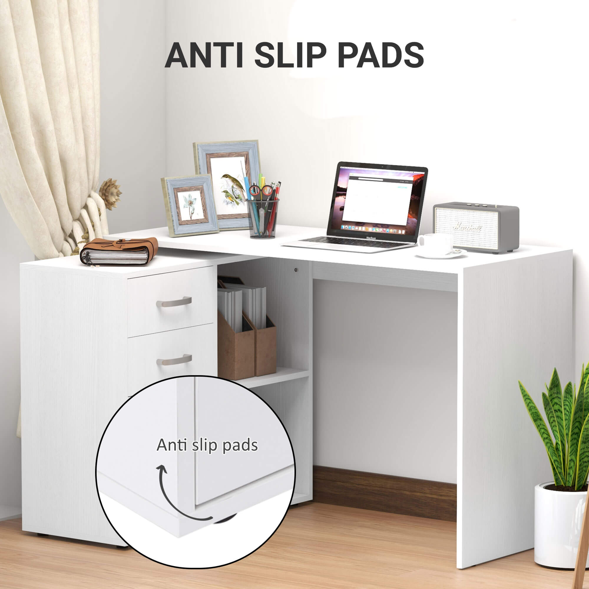 HOMCOM L-Shaped Computer Desk, 2 Shaped Corner Desk with Drawers, File Cabinet and Storage Shelves, Home Office Desk, 117 x 83.5 x 76cm, White - North Peak Garden Furniture