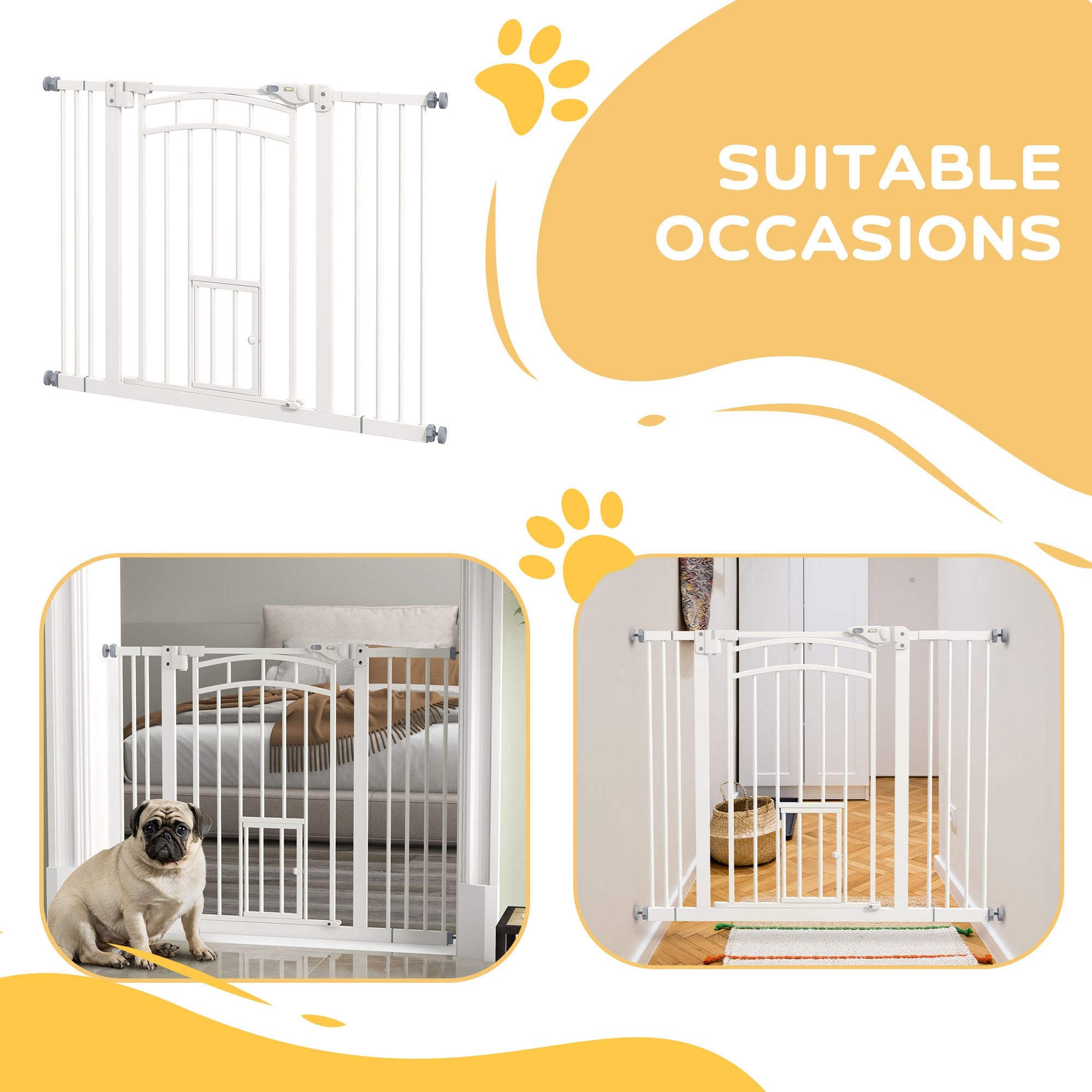 PawHut Pressure Fit Stair Dog Gate w/ Small Cat Door, Automatic Closing Door, Double Locking, for 74-100cm Openings - White - North Peak Garden Furniture