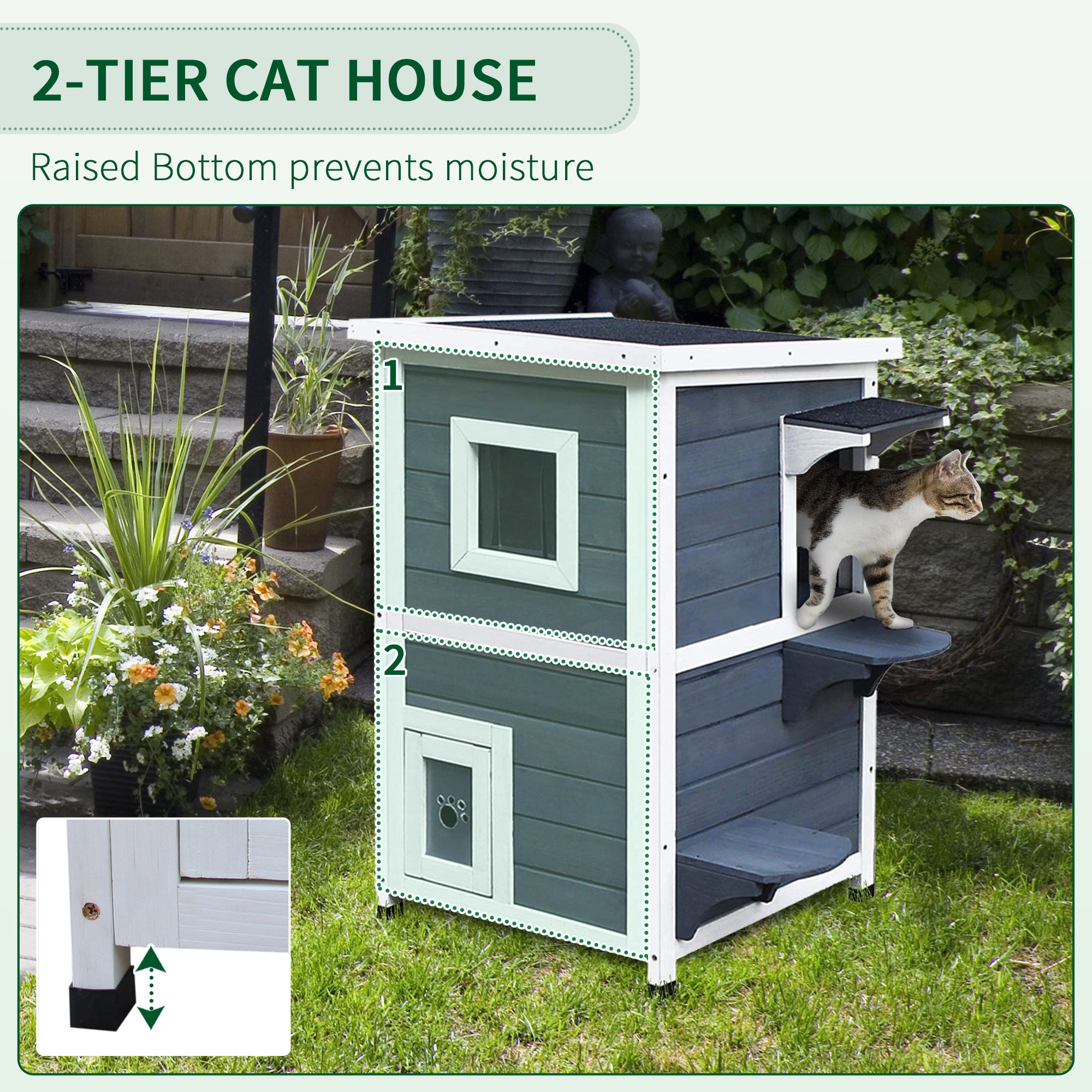 PawHut Wooden Cat House 2-Floor Outdoor Kitten Shelter with Window Grey