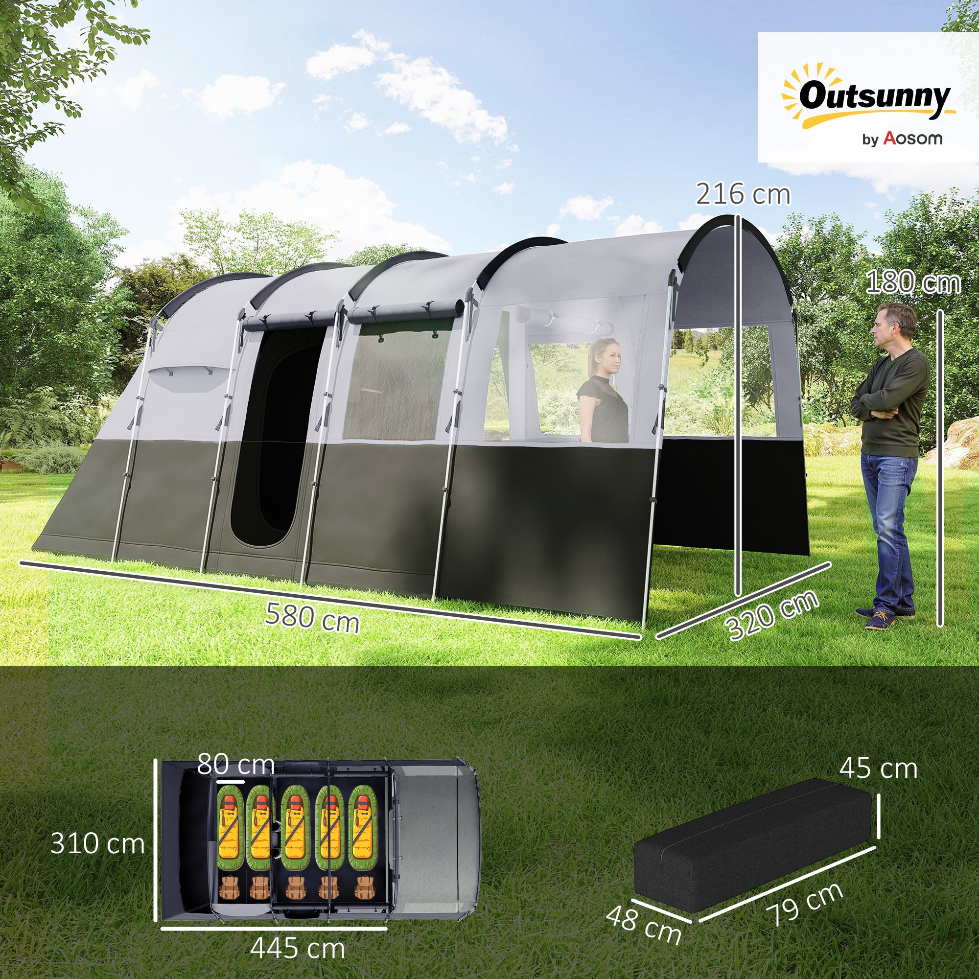 Outsunny 8-Person Camping Tent, Waterproof Family Tent, Tunnel Design, 4 Large Windows, Sleeping Cabins 3000mm Water Column Grey - North Peak Garden Furniture