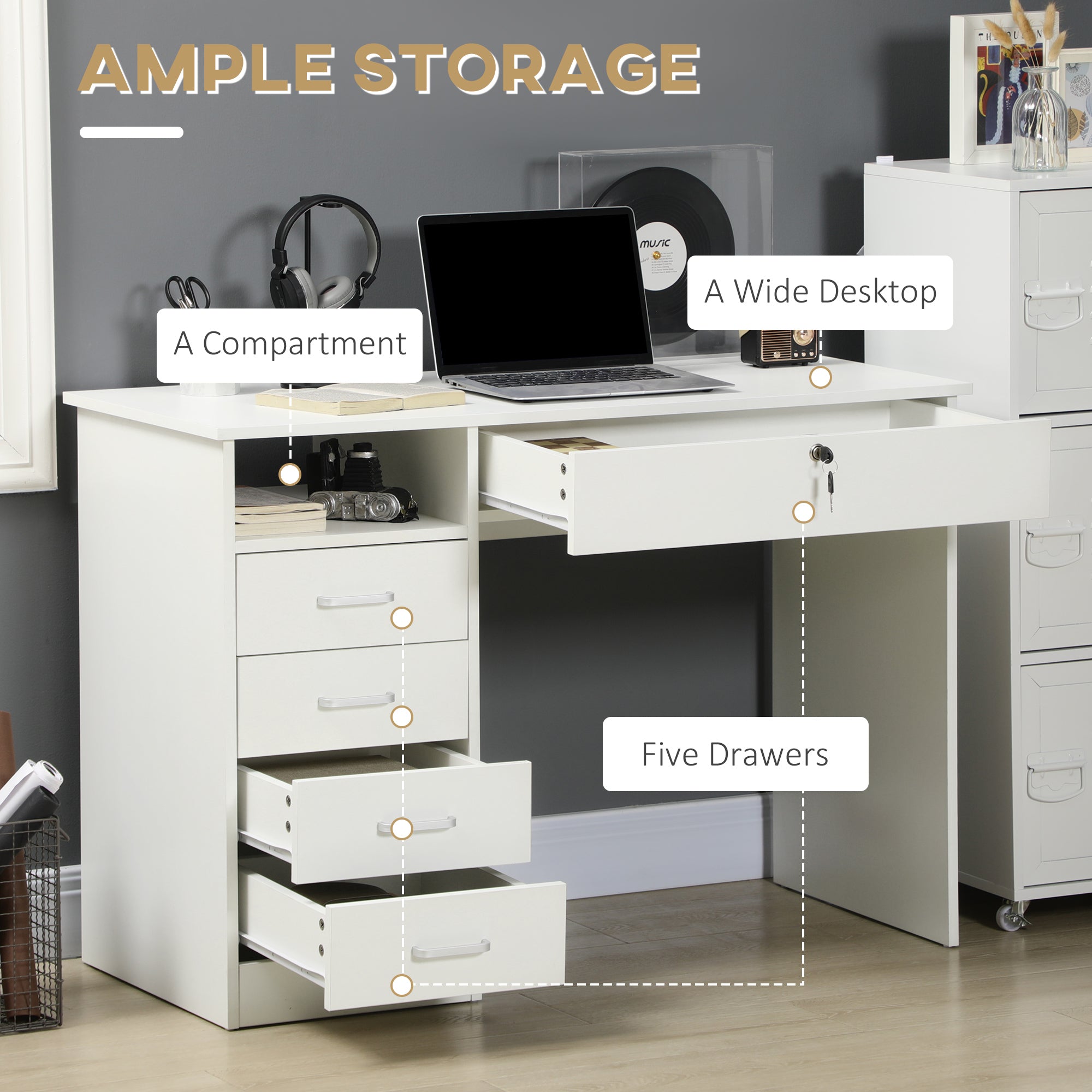HOMCOM Computer Desk, Home Office Desk with Lockable Drawer, Storage Shelf for Study Bedroom, 110 x 50 x 76 cm, White - North Peak Garden Furniture