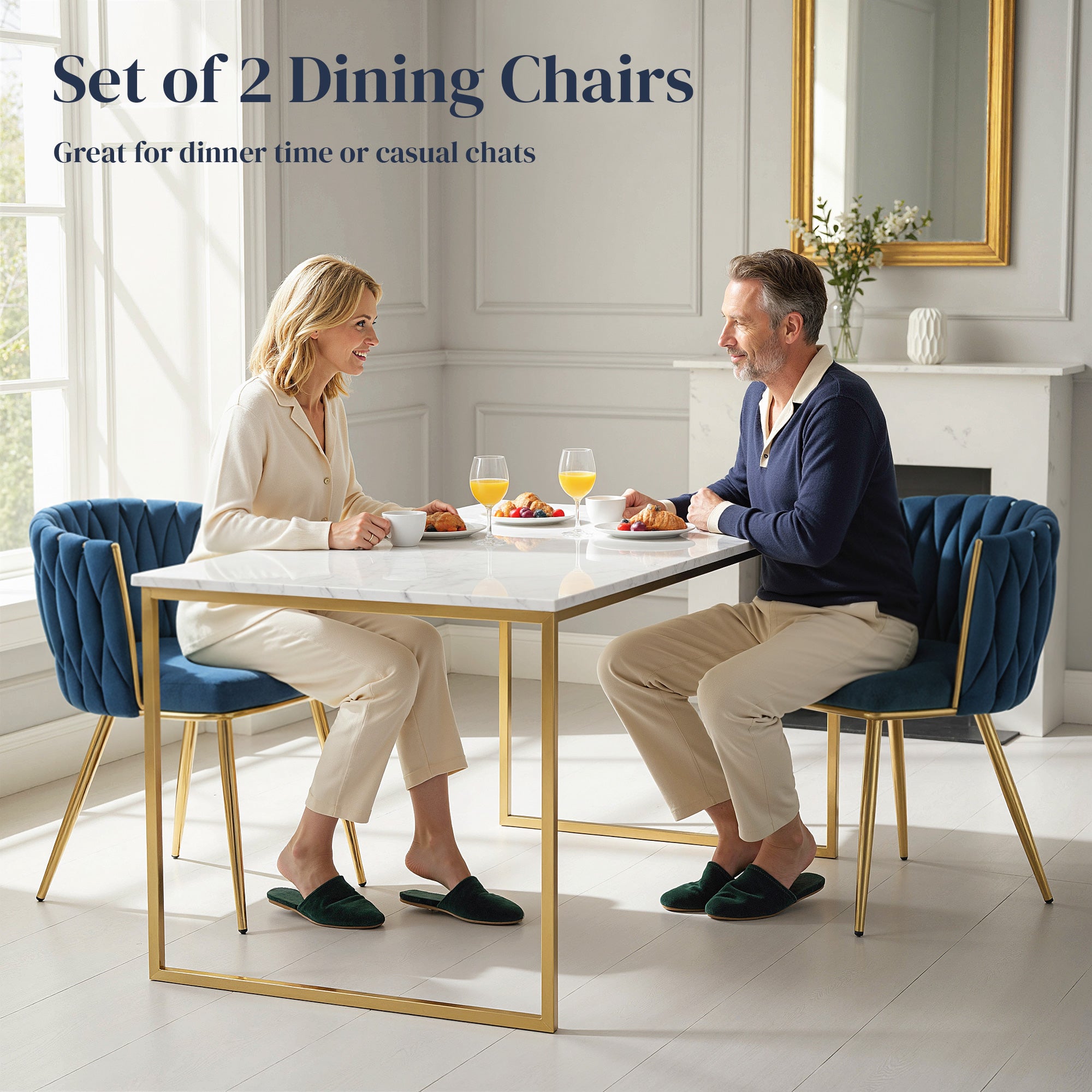 HOMCOM Velvet-Feel Dining Chairs Set of 2, Modern Upholstered Kitchen Chairs with Woven Backrest and Armrests, Metal Legs and Padded Seat for Dining Room, Bedroom, Living Room, Dark Blue