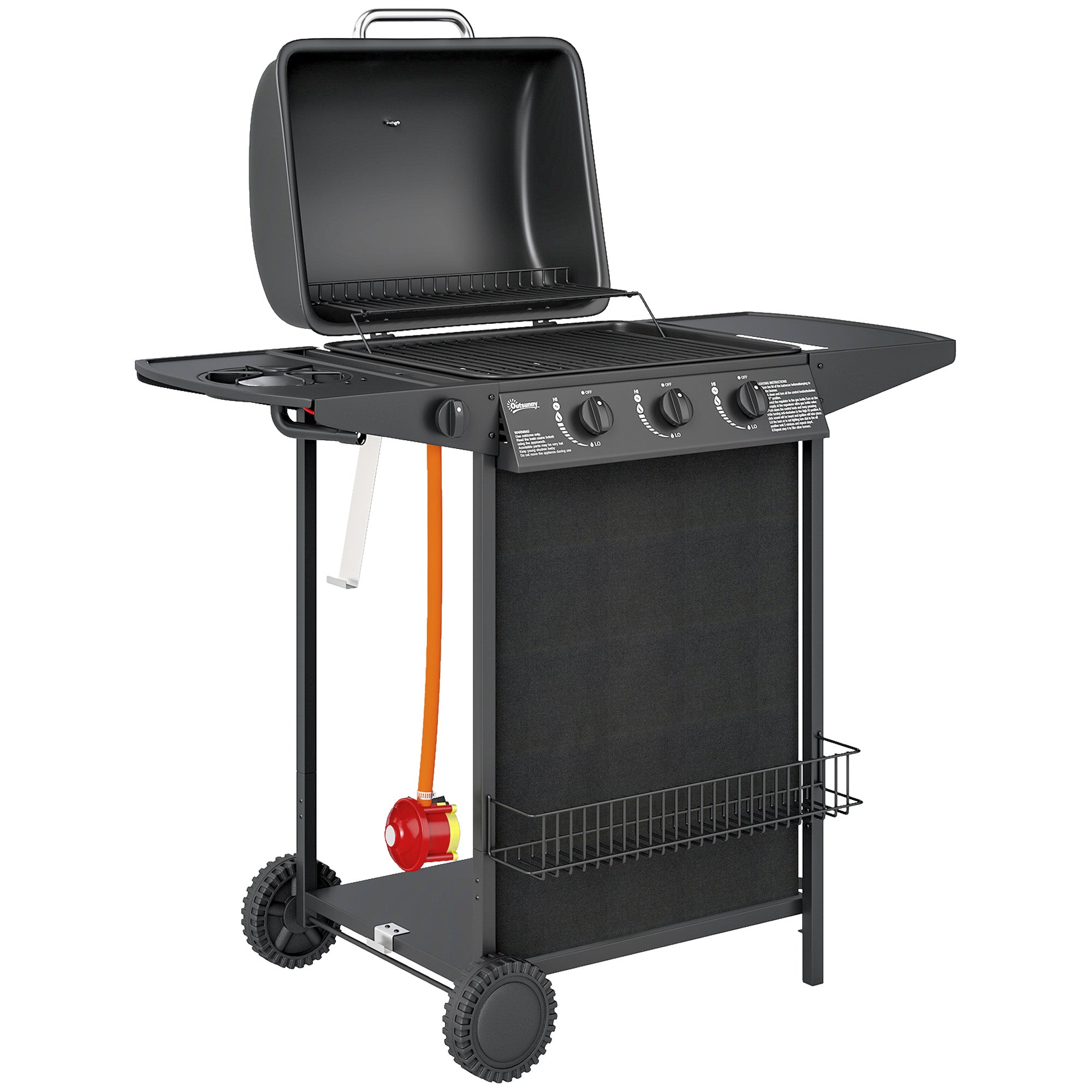 Outsunny 3+1 Burner Gas BBQ Grill, Portable Gas Barbecue Grill with Built-in Thermometer, Lid, Side Table, Shelf, Spice Rack, Wheels, Grease Cup for Garden Party Outdoor Cooking, Black - North Peak Garden Furniture