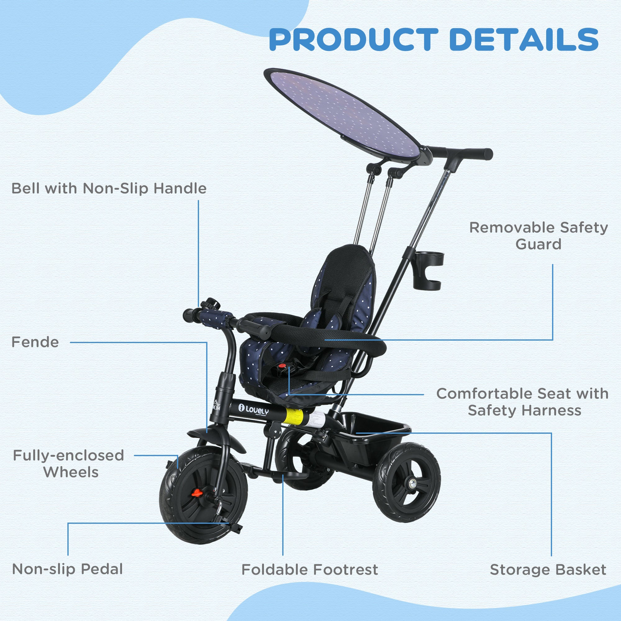 HOMCOM 6 in 1 Tricycle for Kids with 5-point harness straps, Removable Canopy, Dark Blue - North Peak Garden Furniture