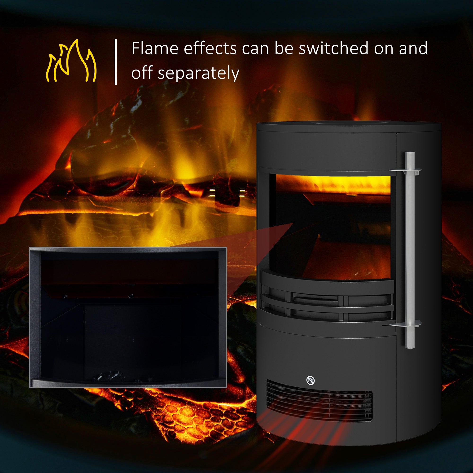 HOMCOM 1000W/2000W Freestanding Electric Fireplace, Indoor Heater Fire Stove with Log Burner Effect Flame, Thermostat Control