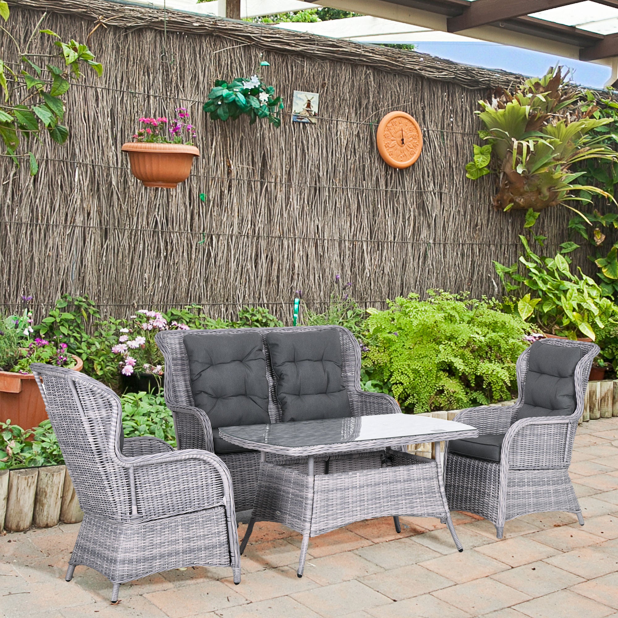 Outsunny Garden PE Rattan Dining Sofa Set, Outdoor 4 Seater Wicker Furniture, High Back Chairs with Cushions, Tempered Glass Coffee Table for Lawn, Backyard, Mixed Grey - North Peak Garden Furniture