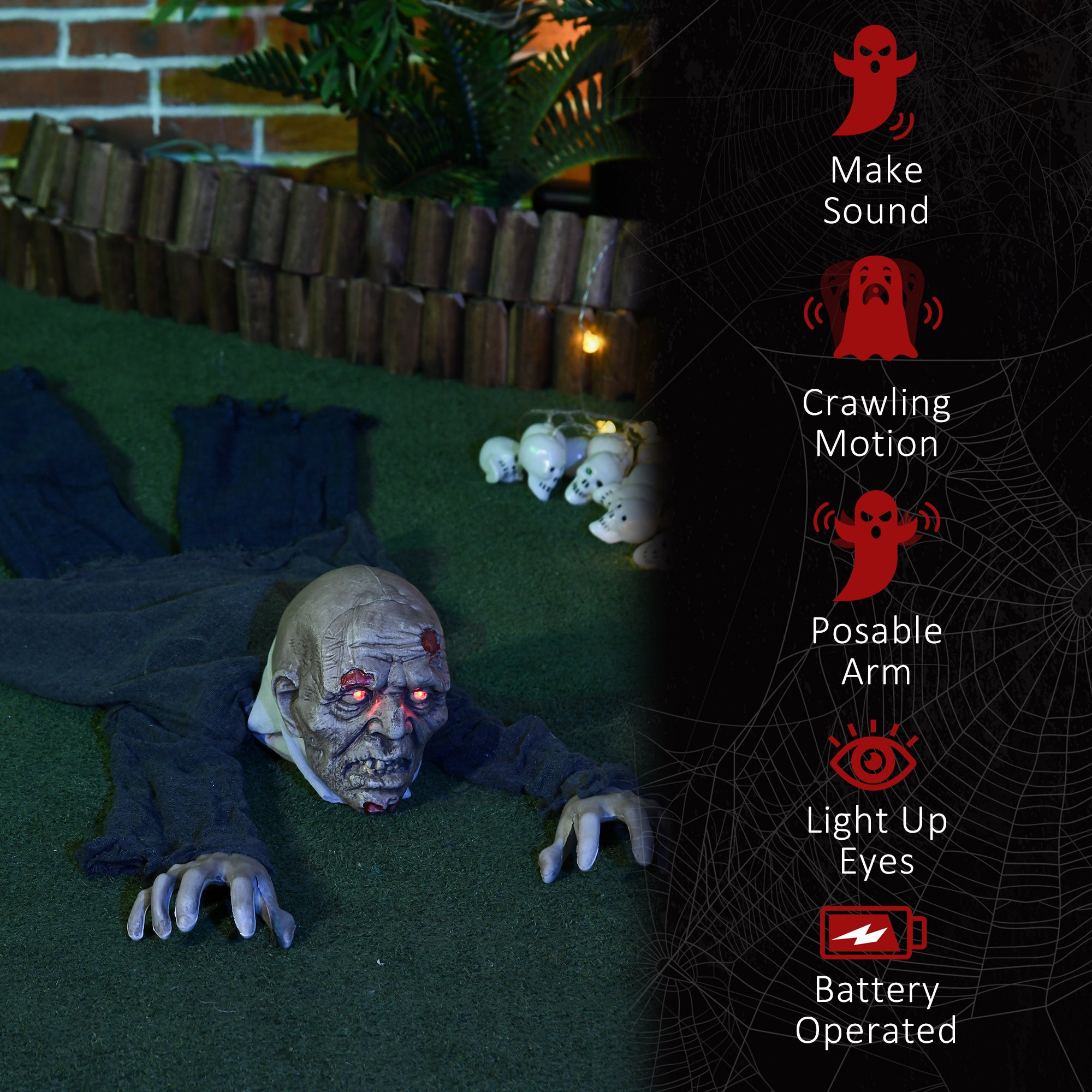 HOMCOM 5.2ft Life Size Outdoor Halloween Decoration Crawling Zombie, Animated Prop Decor with Sound and Motion Activated, Light Up Eyes, Howling Sound, Posable Arms
