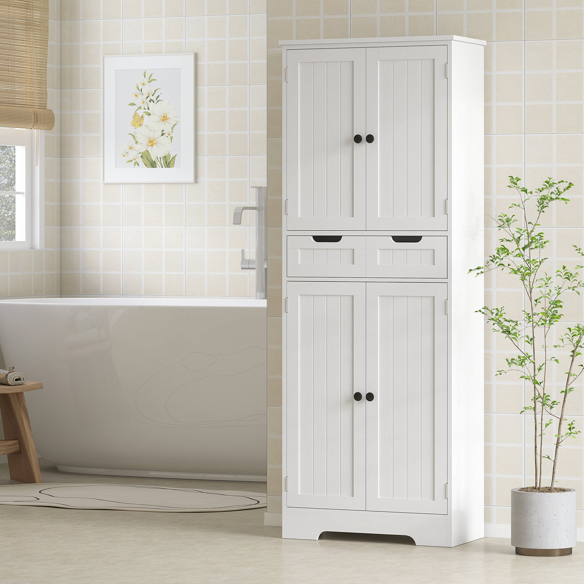 HOMCOM Tall Bathroom Cabinet, Freestanding Storage Cupboard, Bathroom Storage Cabinet with Drawer, Adjustable Shelf and Doors, 60 x 30 x 160 cm, White - North Peak Garden Furniture