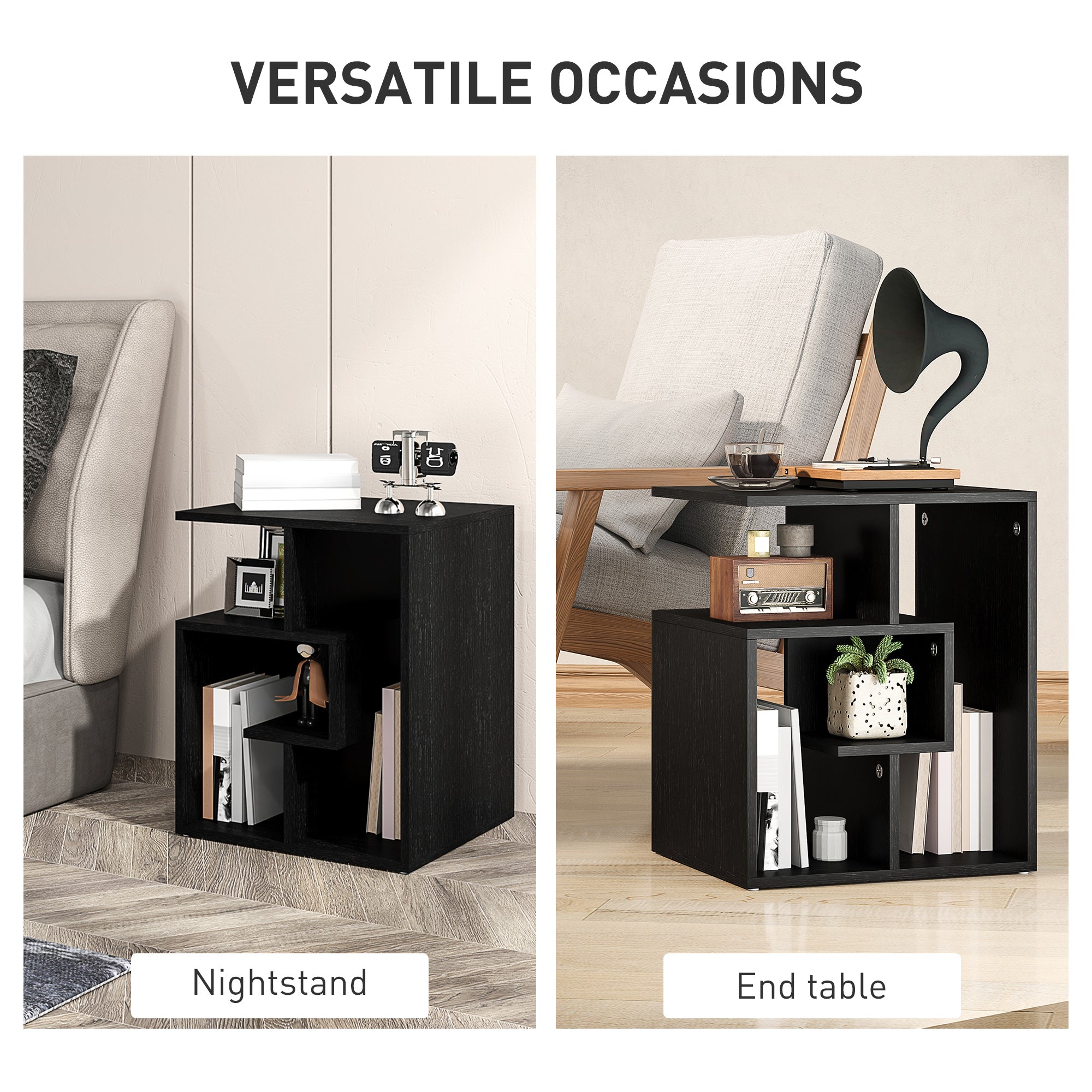 HOMCOM Side Table, 3 Tier End Table with Open Storage Shelves for Living Room, Bedroom, Black - North Peak Garden Furniture