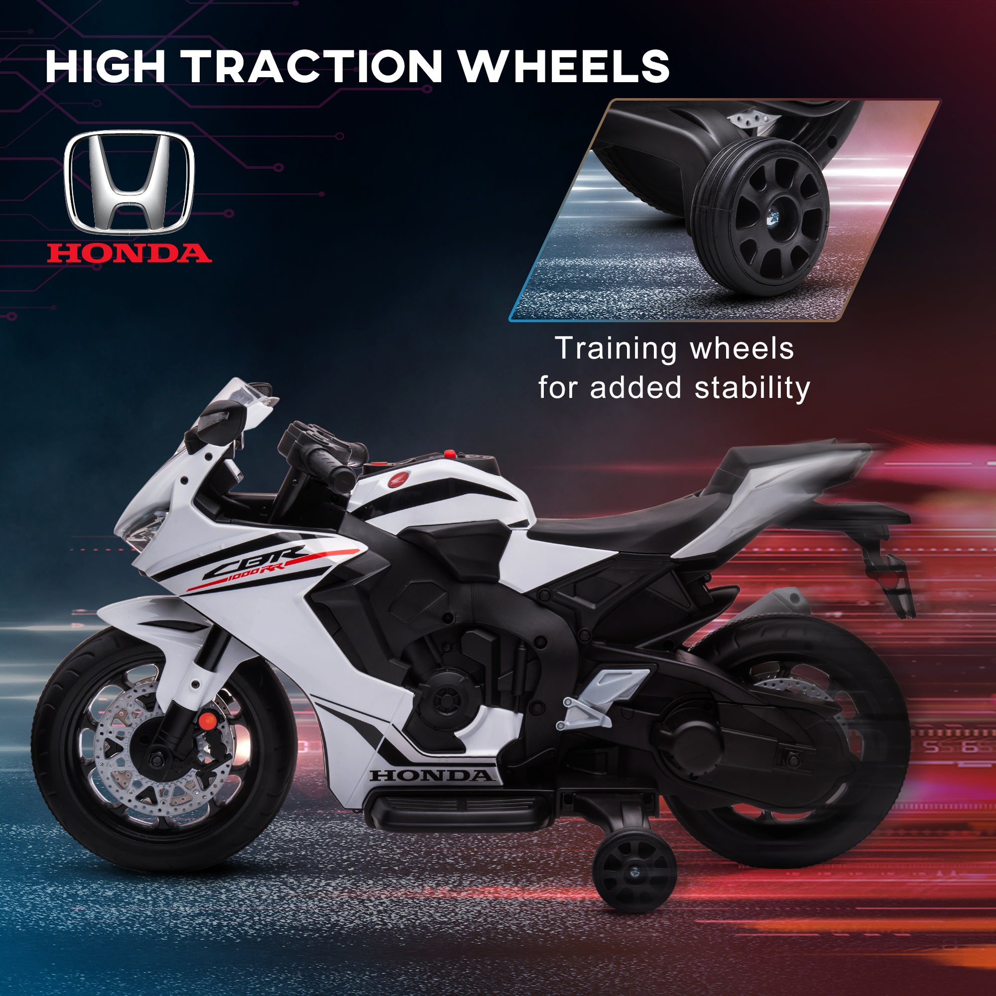 HOMCOM 6V Honda Licensed Kids Motorcycle w/ Music, Training Wheels - White - North Peak Garden Furniture