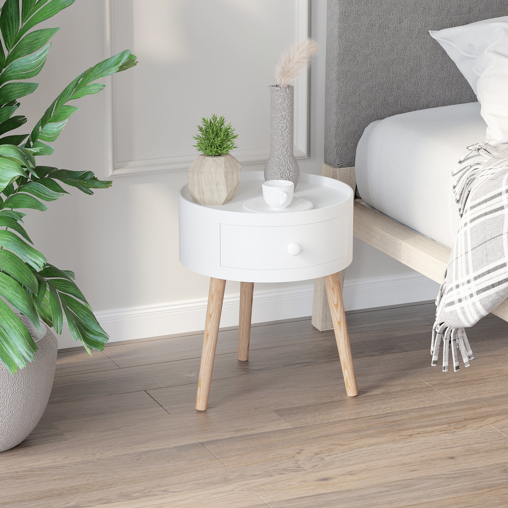 HOMCOM Modern Side Table, Small Coffee Table, Round Bedside Table with Drawer and Wood Legs for Living Room, Bedroom, White - North Peak Garden Furniture