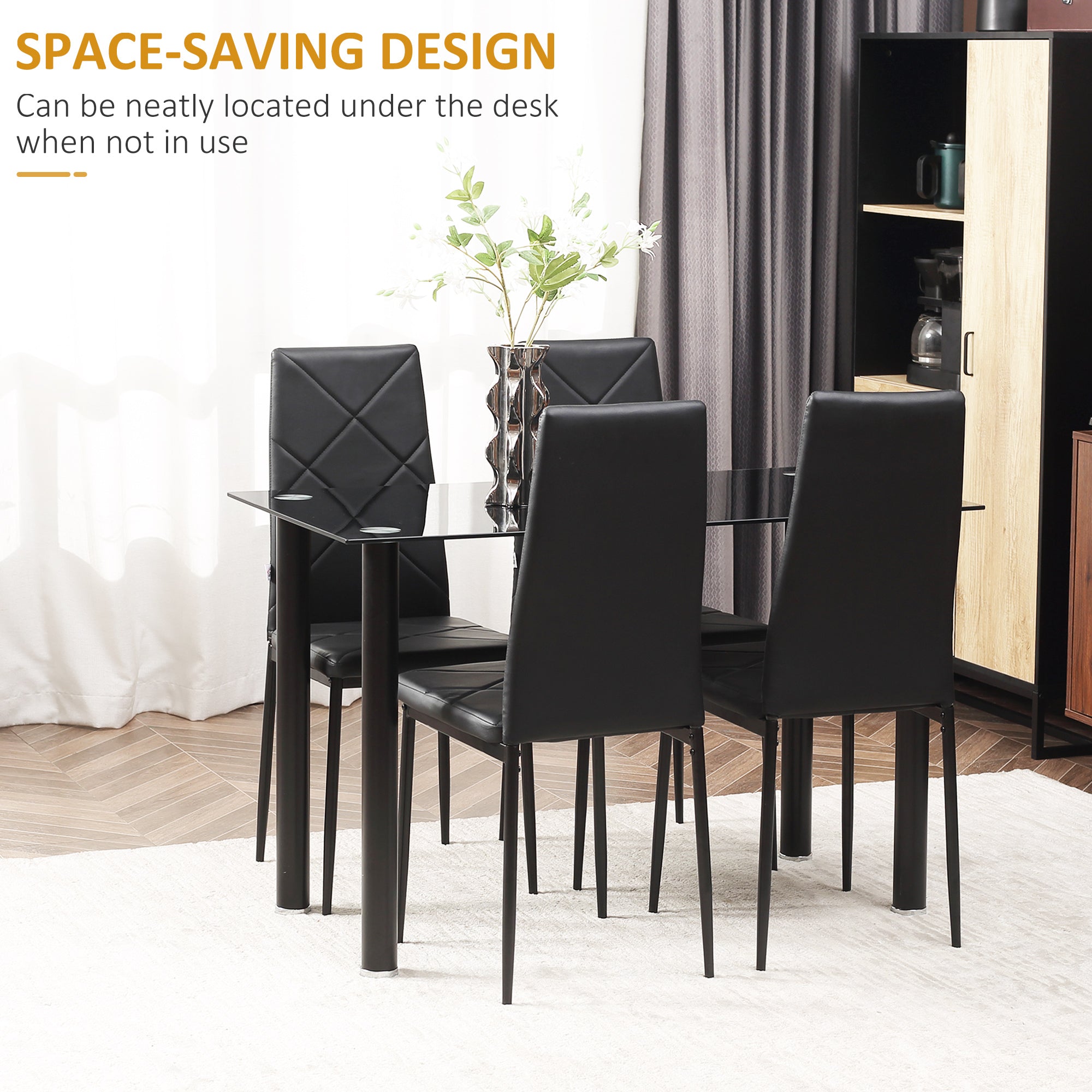 HOMCOM Modern Dining Table Set for 4, Space-Saving 5 Pieces Kitchen Table Set with Rectangle Table and Steel Frame, Black - North Peak Garden Furniture