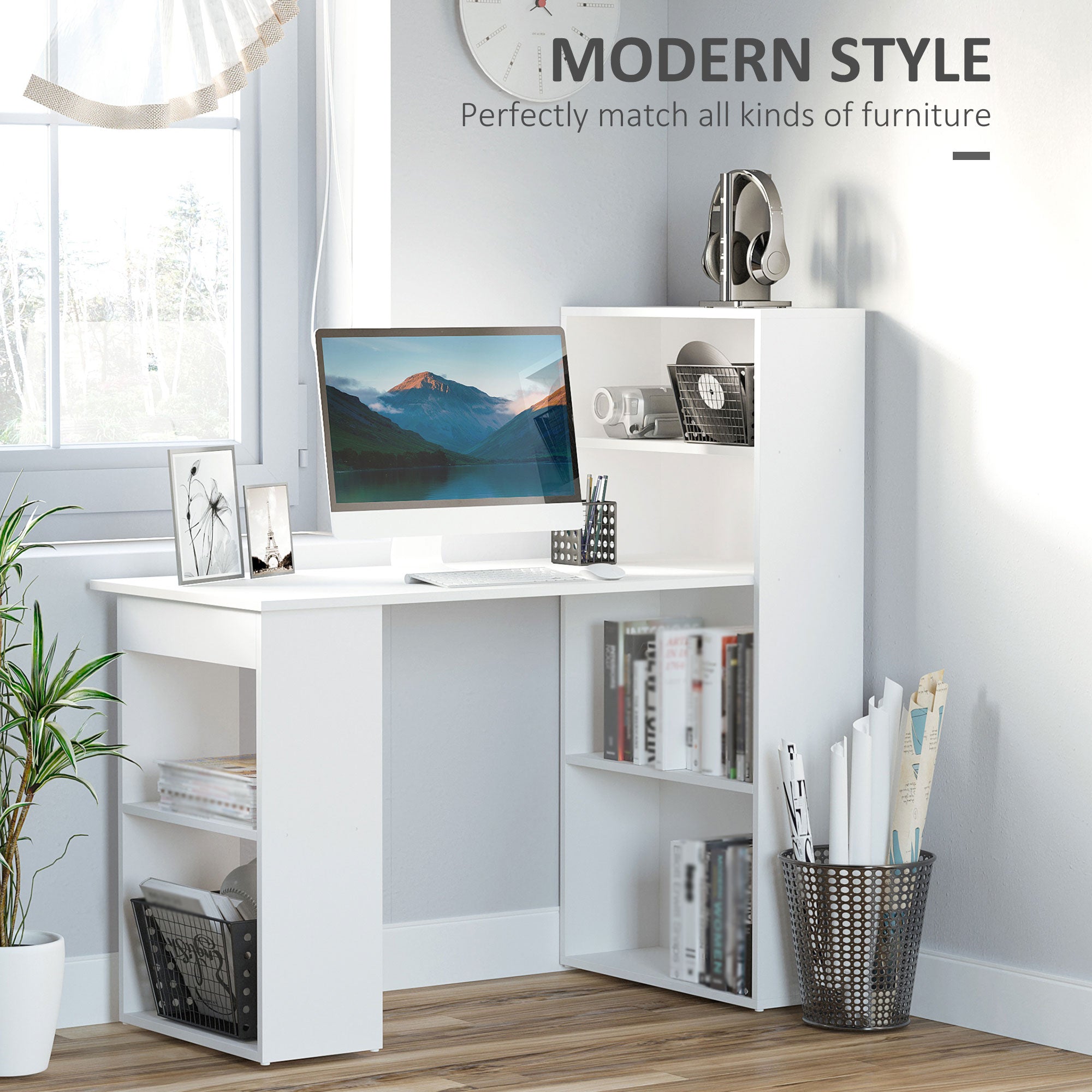 HOMCOM 120cm Modern Computer Desk Bookshelf Study Table Workstation PC Laptop Writing Home Office 6 Shelves White