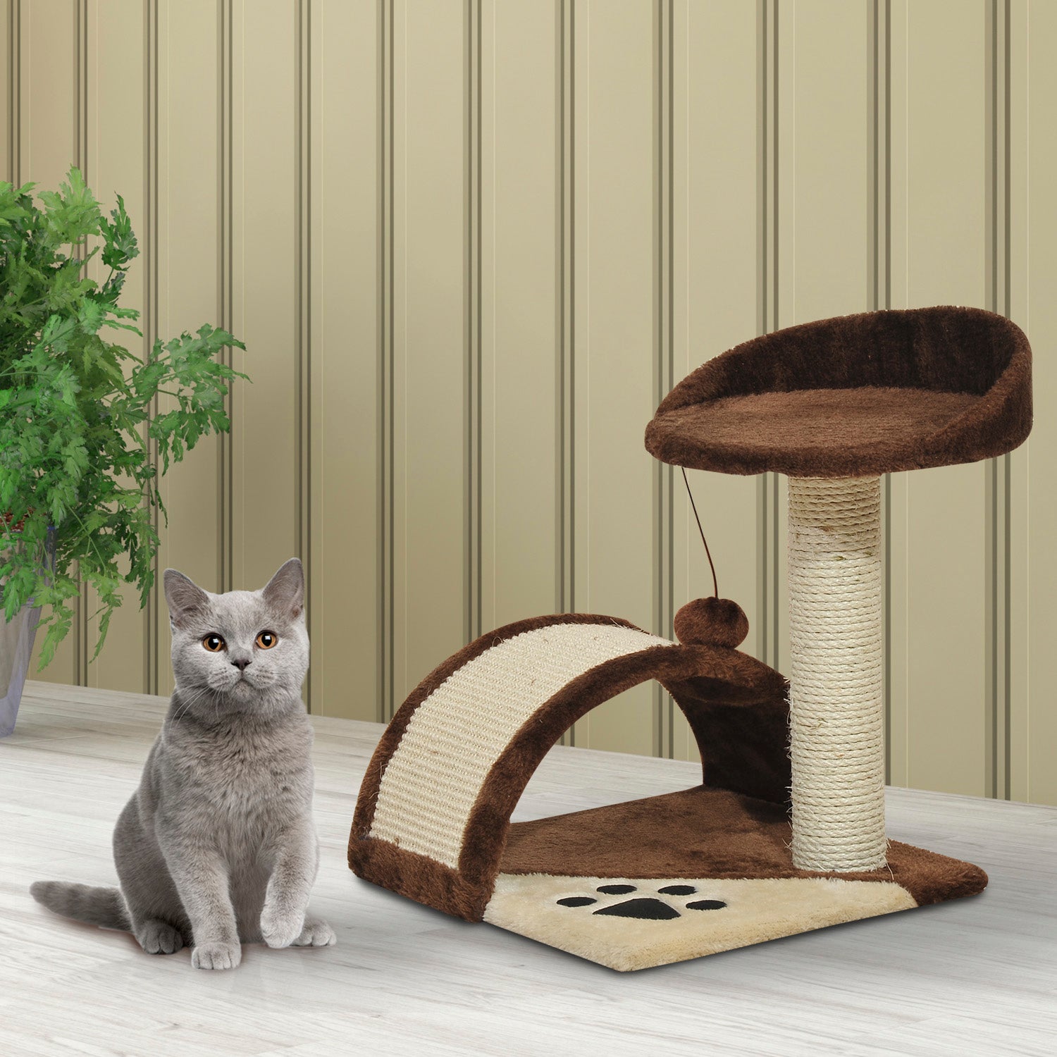 PawHut Cat Tree Scratching Scratcher Post Kitten Activity Centre Climber Hanging Ball Brown - North Peak Garden Furniture