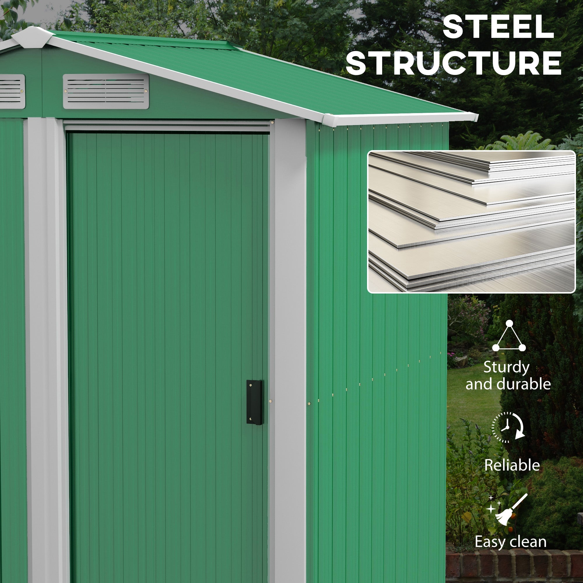 Outsunny Garden Metal Tool Storage Shed with Sliding Door, Sloped Roof and Floor Foundation, 152 x 132 x 188cm, Green - North Peak Garden Furniture