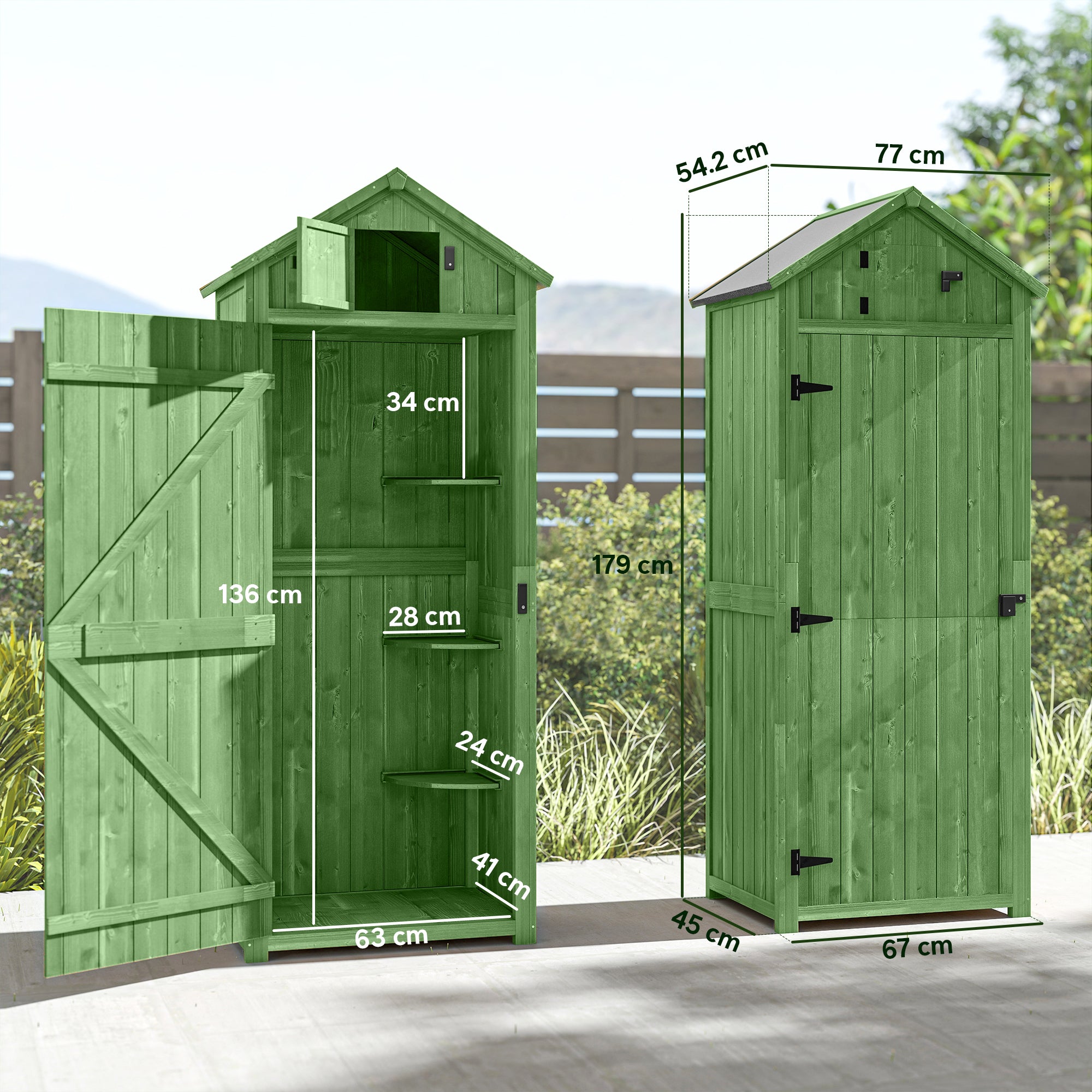 Outsunny Wooden Garden Shed, Utility Outdoor Small Shed with Lockable Double Doors, Shelves and Roof Hatch, Dark Green
