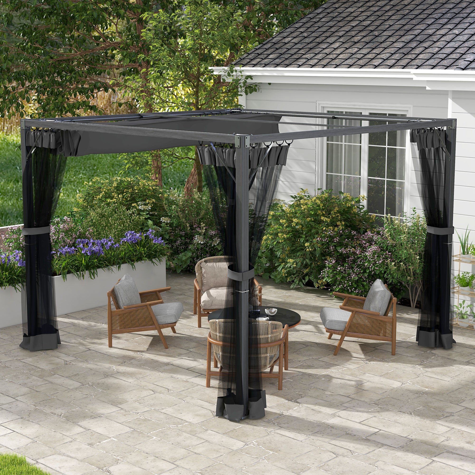 Outsunny 3 x 3m Aluminium Frame Pergola, with Retractable Roof - Dark Grey - North Peak Garden Furniture