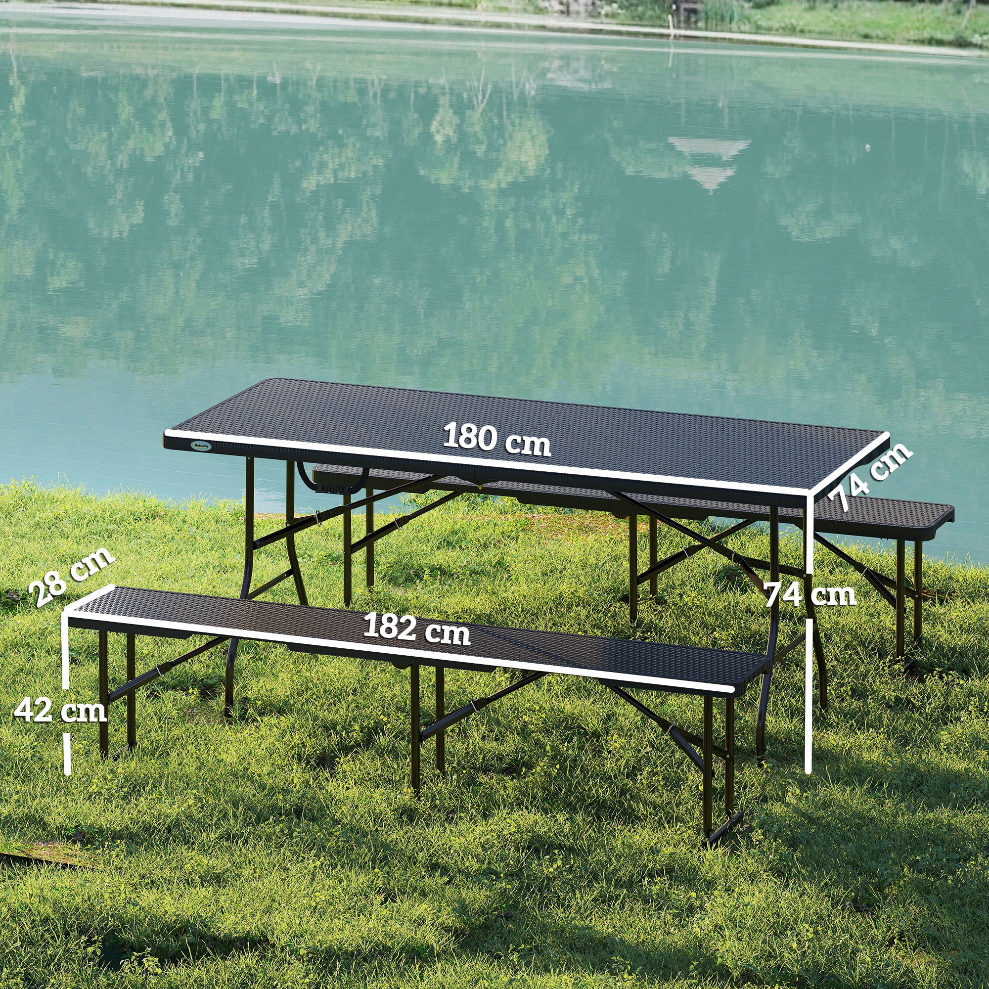 Outsunny Folding Picnic Table and Bench Set, Rattan Effect Portable Camping Table and Chairs with Carrying Handles for Indoor Outdoor, Dining, Camping, Picnic, BBQ, Party, Black - North Peak Garden Furniture