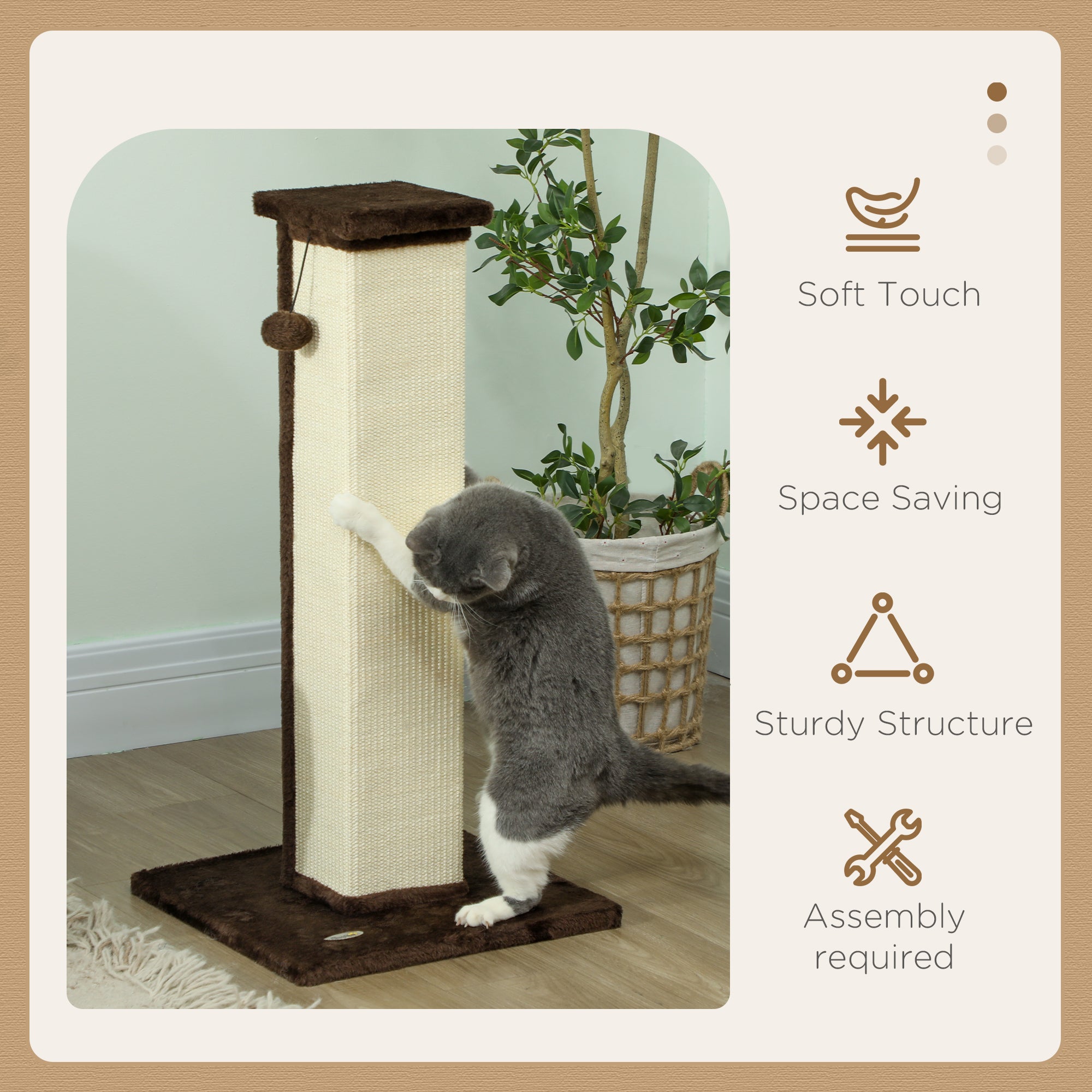 PawHut 81cm Cat Scratcher, Vertical Full Scratcher w/ Natural Sisal Rope, Hanging Ball, Soft Plush - Brown