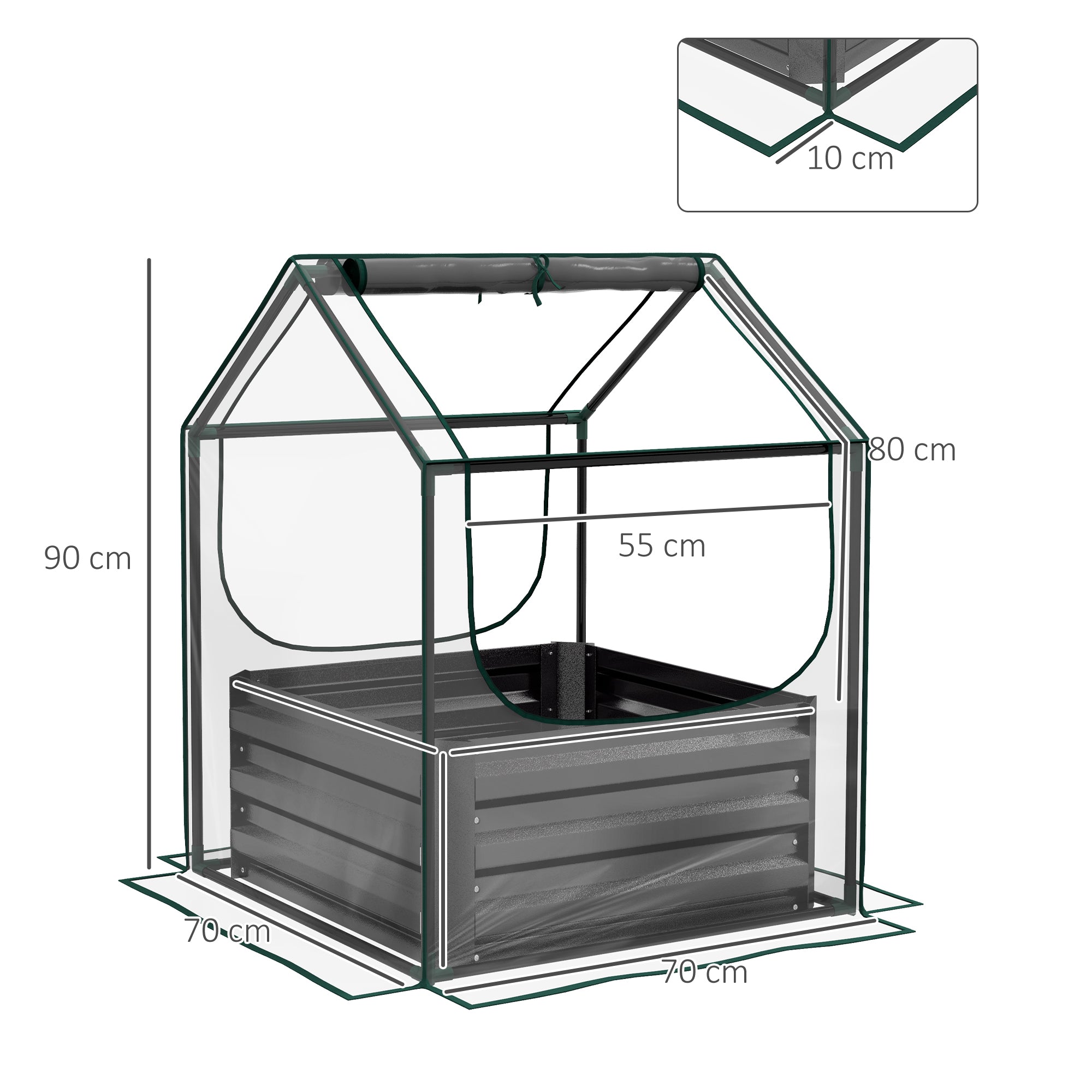 Outsunny Metal Planter Box with Cover, Raised Garden Bed with Greenhouse, for Herbs and Vegetables, Clear and Dark Grey - North Peak Garden Furniture
