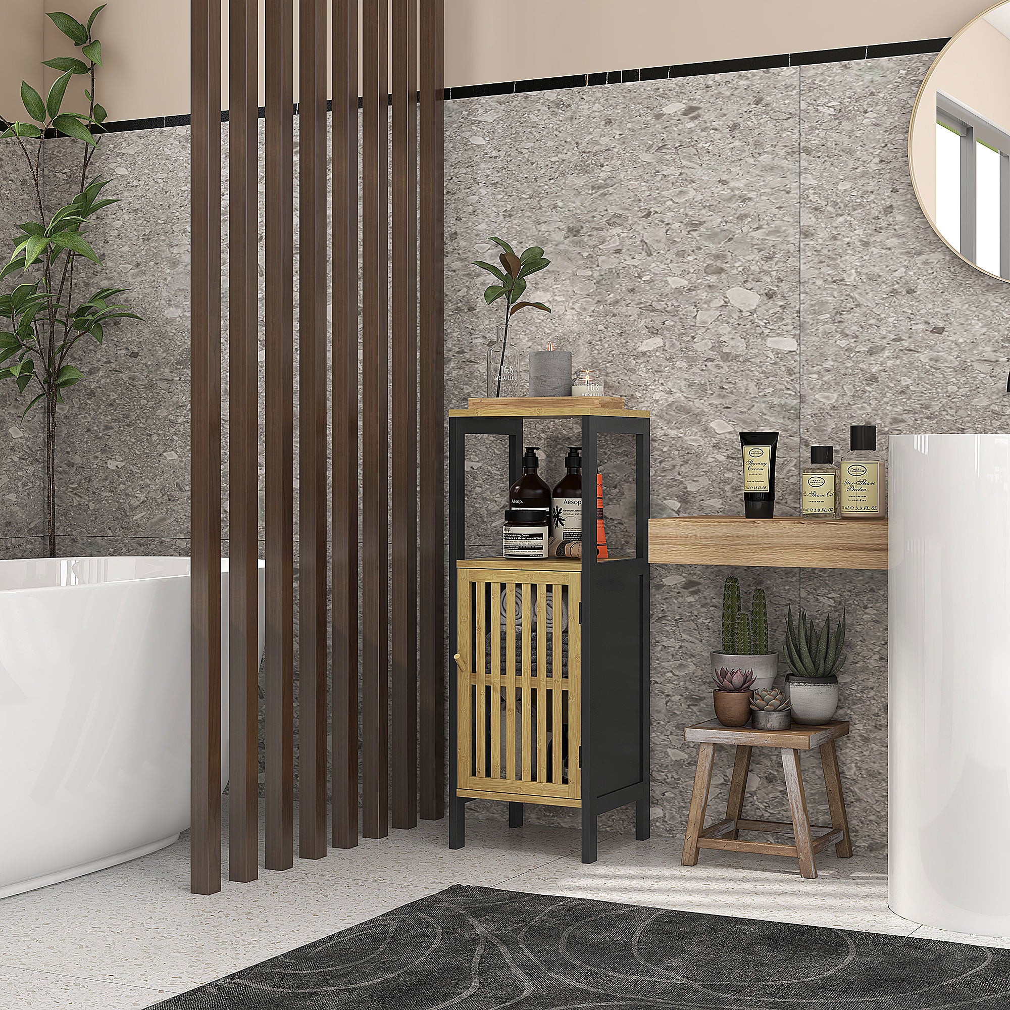 HOMCOM Bamboo-Blend Retro Cut-Out Bathroom Storage Unit, with Cupboard - North Peak Garden Furniture