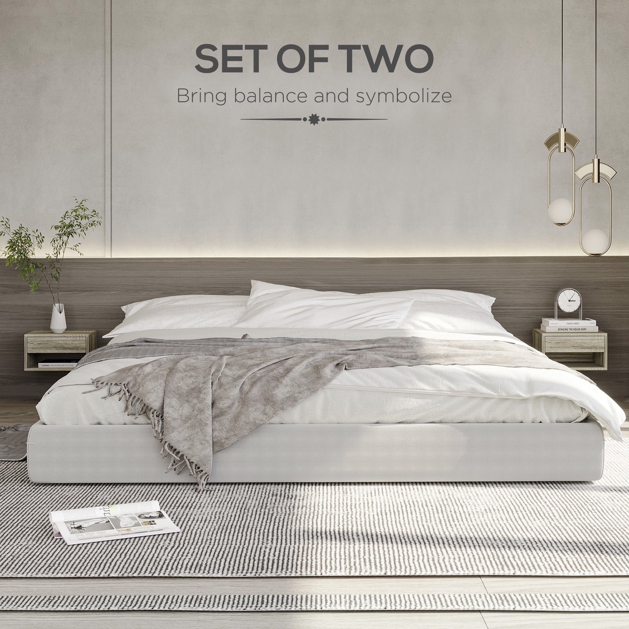 HOMCOM Set of Two Floating Bedside Tables Wall Mounted Nightstands with Drawer and Shelf for Bedroom, Brown Wood-Effect - North Peak Garden Furniture