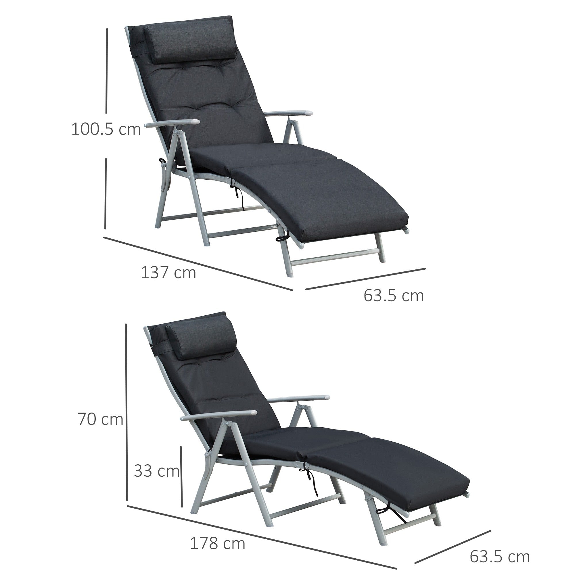 Outsunny Foldable Sun Lounger Garden Texteline Reclining Chair w/ Pillow, Adjustable Back, Thickened Cushion, Black