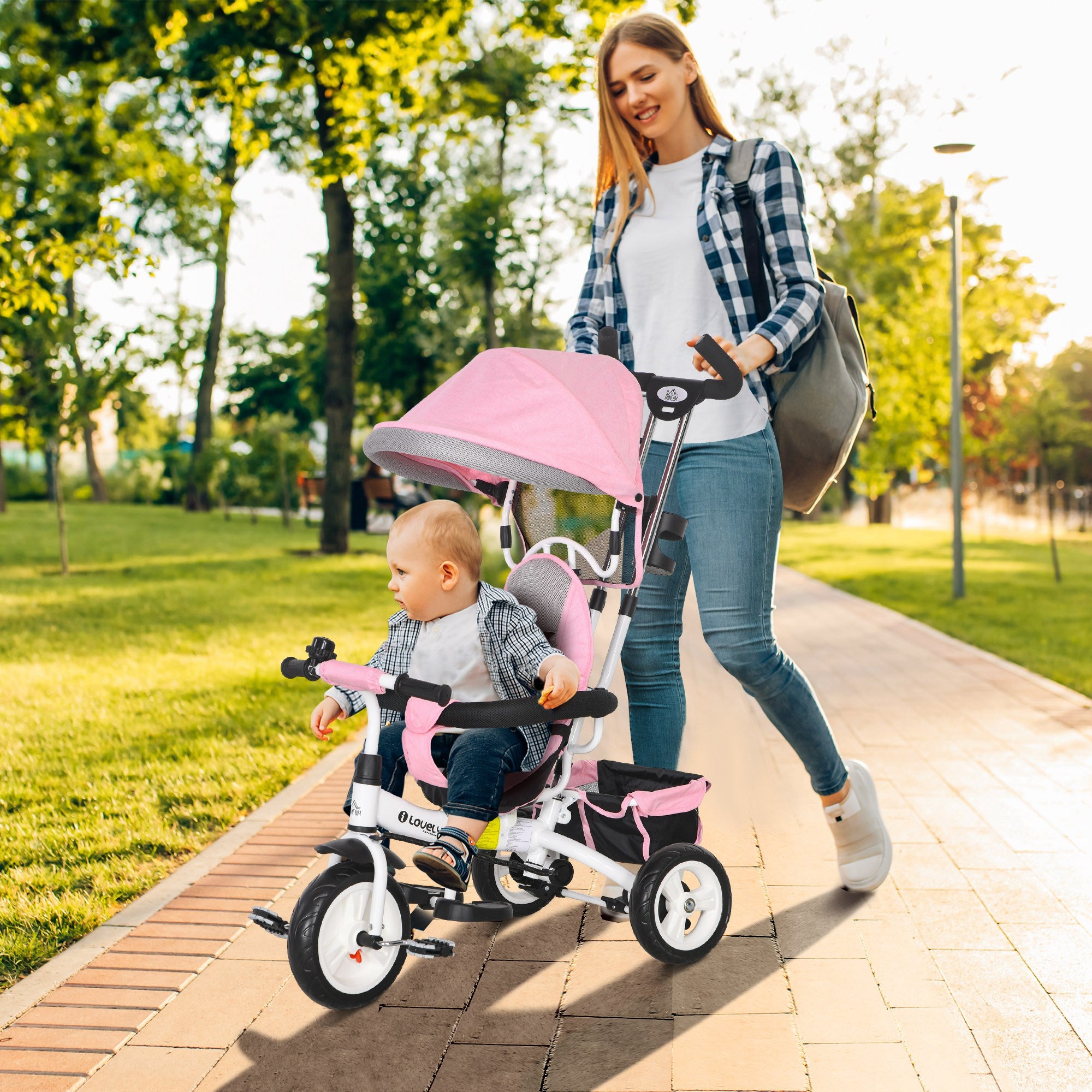 HOMCOM 6 in 1 Kids Trike Push Bike w/ Push Handle, Canopy, 5-point Safety Belt, Storage, Footrest, Brake, for 1-5 Years, Pink