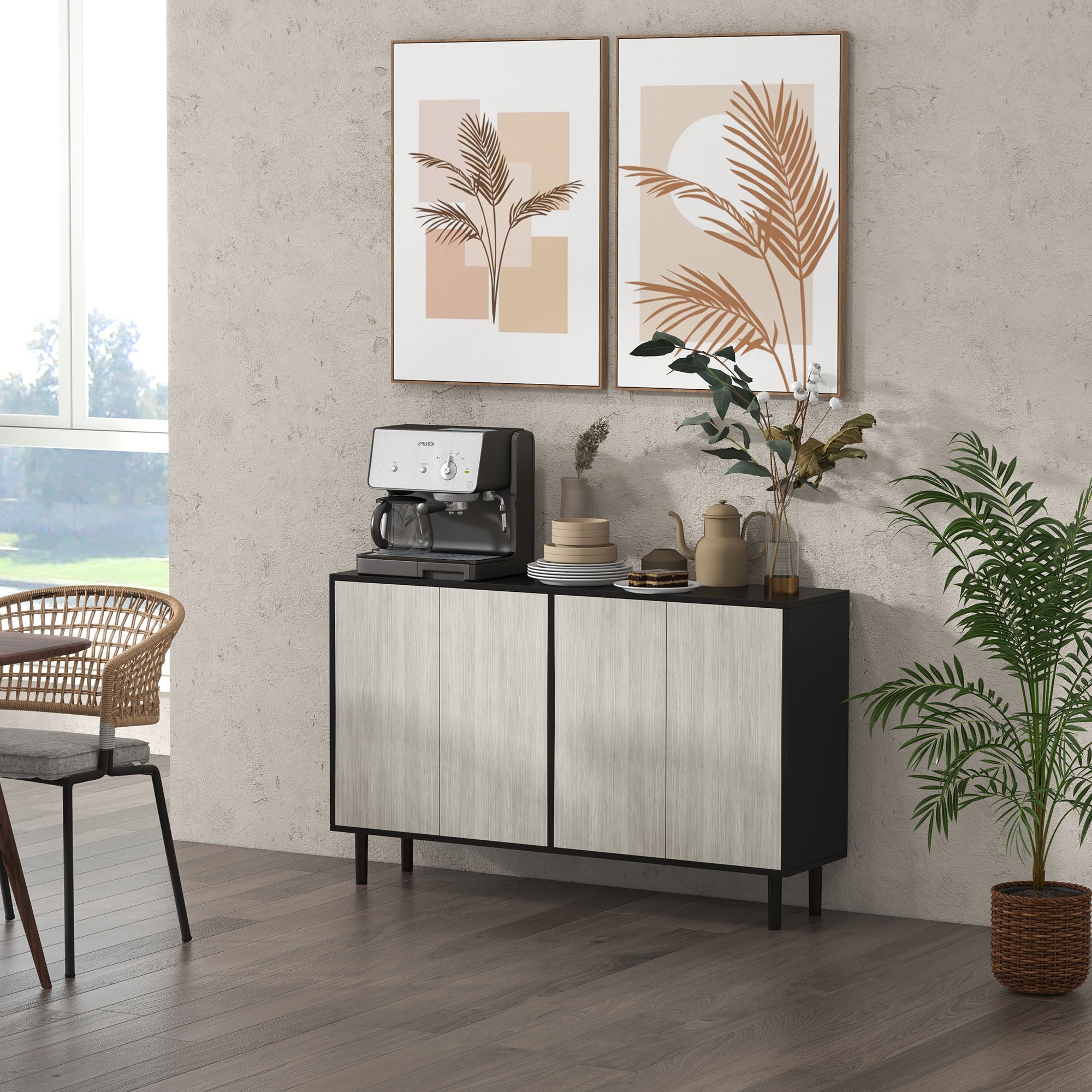 HOMCOM Kitchen Sideboard Storage Cabinet for Living Room with Adjustable Shelves 4 Doors and Pine Wood Legs Black - North Peak Garden Furniture