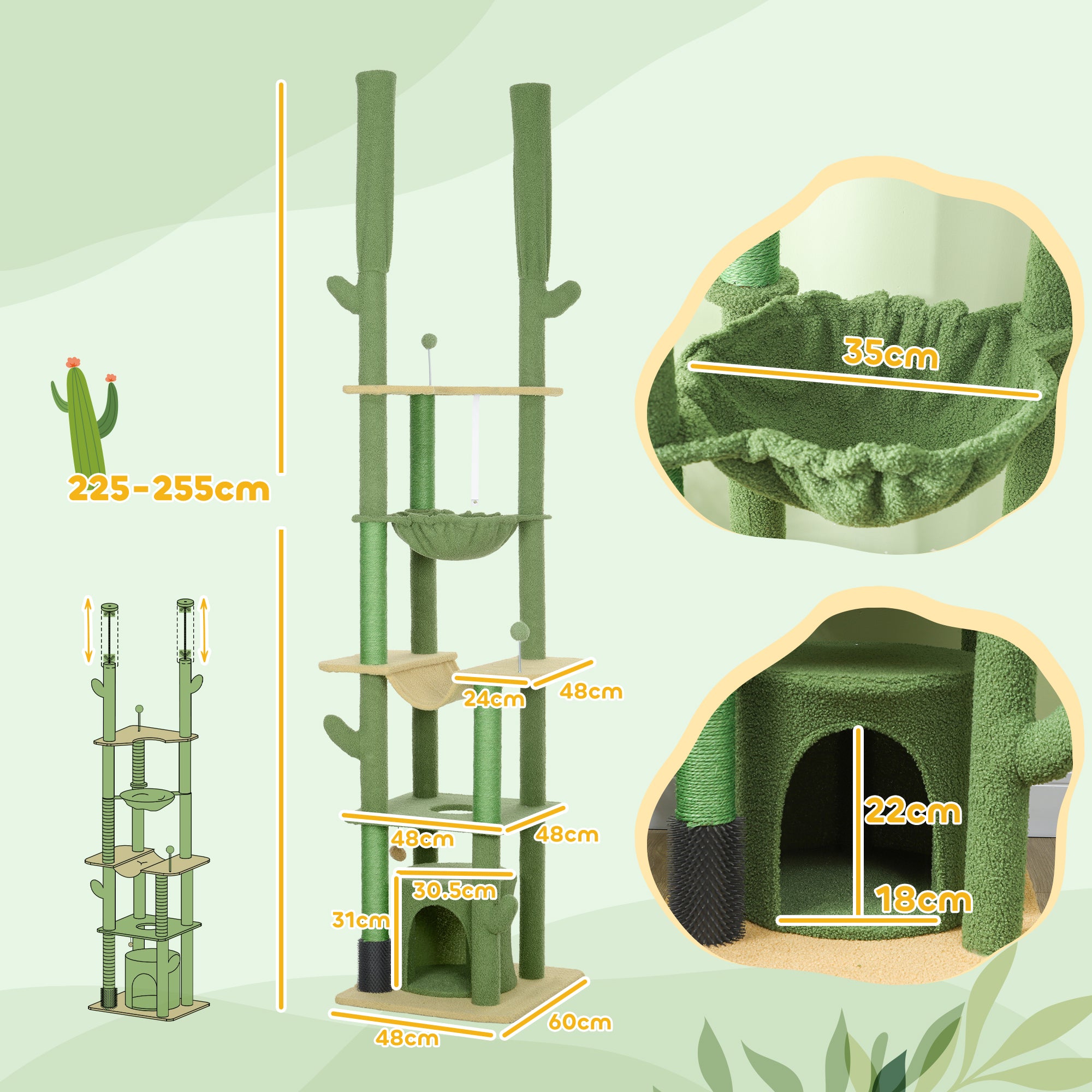 PawHut 225-255cm Height Adjustable Floor to Ceiling Cat Tree, Tall Cat Tower for Indoor Cats w/ Scratching Posts - Green