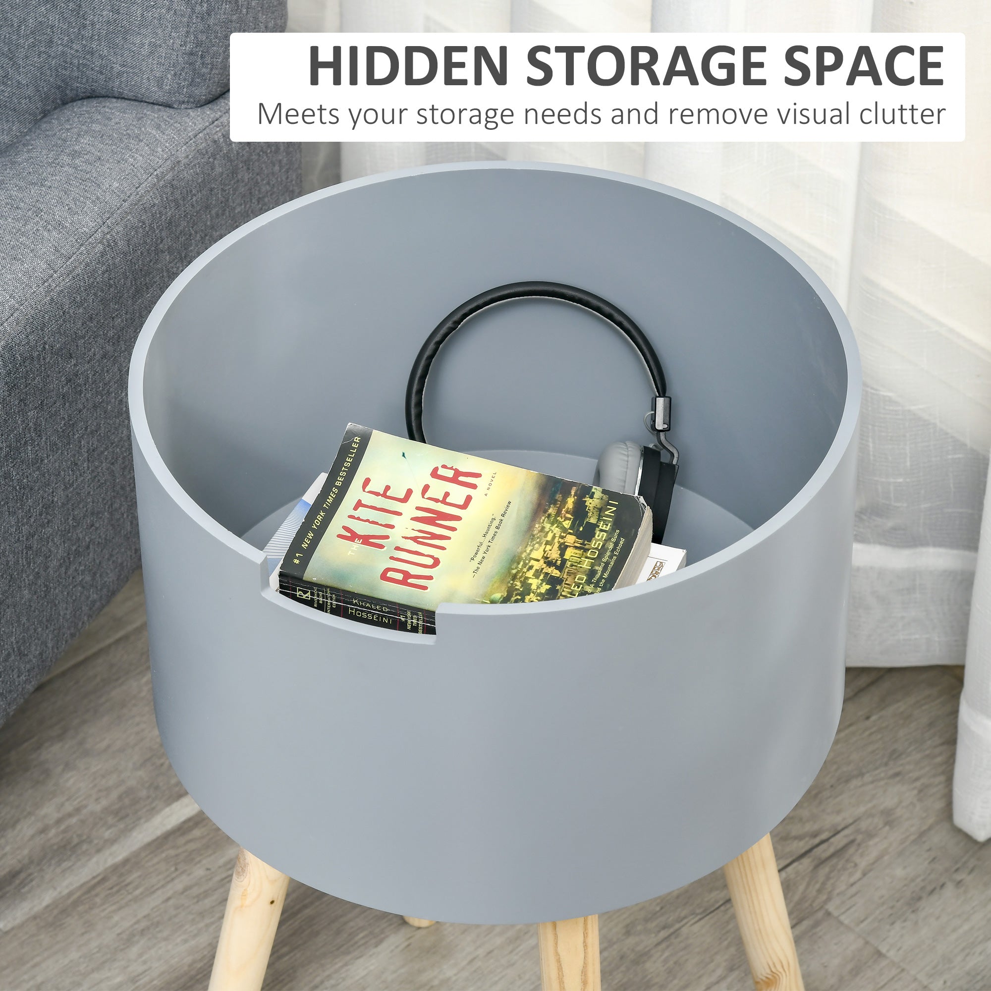 HOMCOM Modern Side Table with Hidden Storage Space, Round Night Stand with Removable Tray Wood Frame End Coffee Table for Living Room, Grey - North Peak Garden Furniture