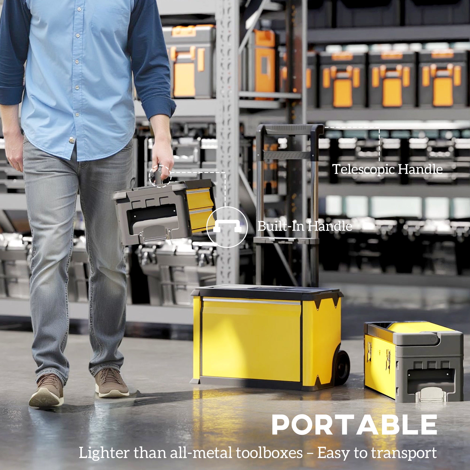 HOMCOM 3-in-1 Stackable Rolling Tool Box - Yellow