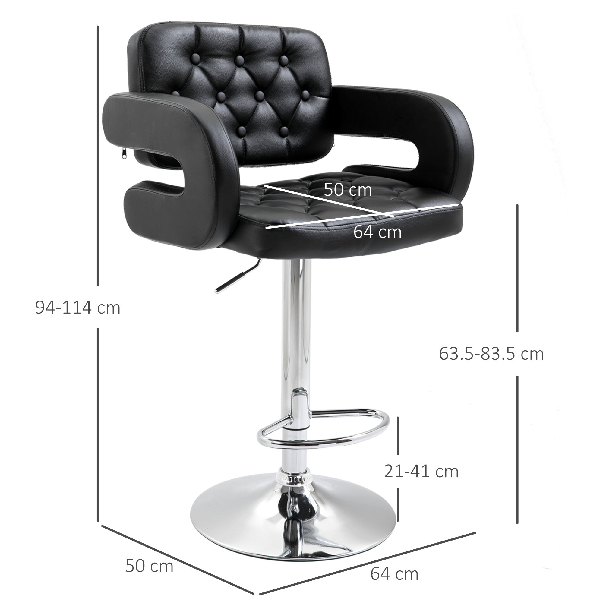 HOMCOM PU Leather Upholstered Swivel Bar Stool, Height Adjustable Barstool with Back, Armrest, Footrest for Kitchen - North Peak Garden Furniture