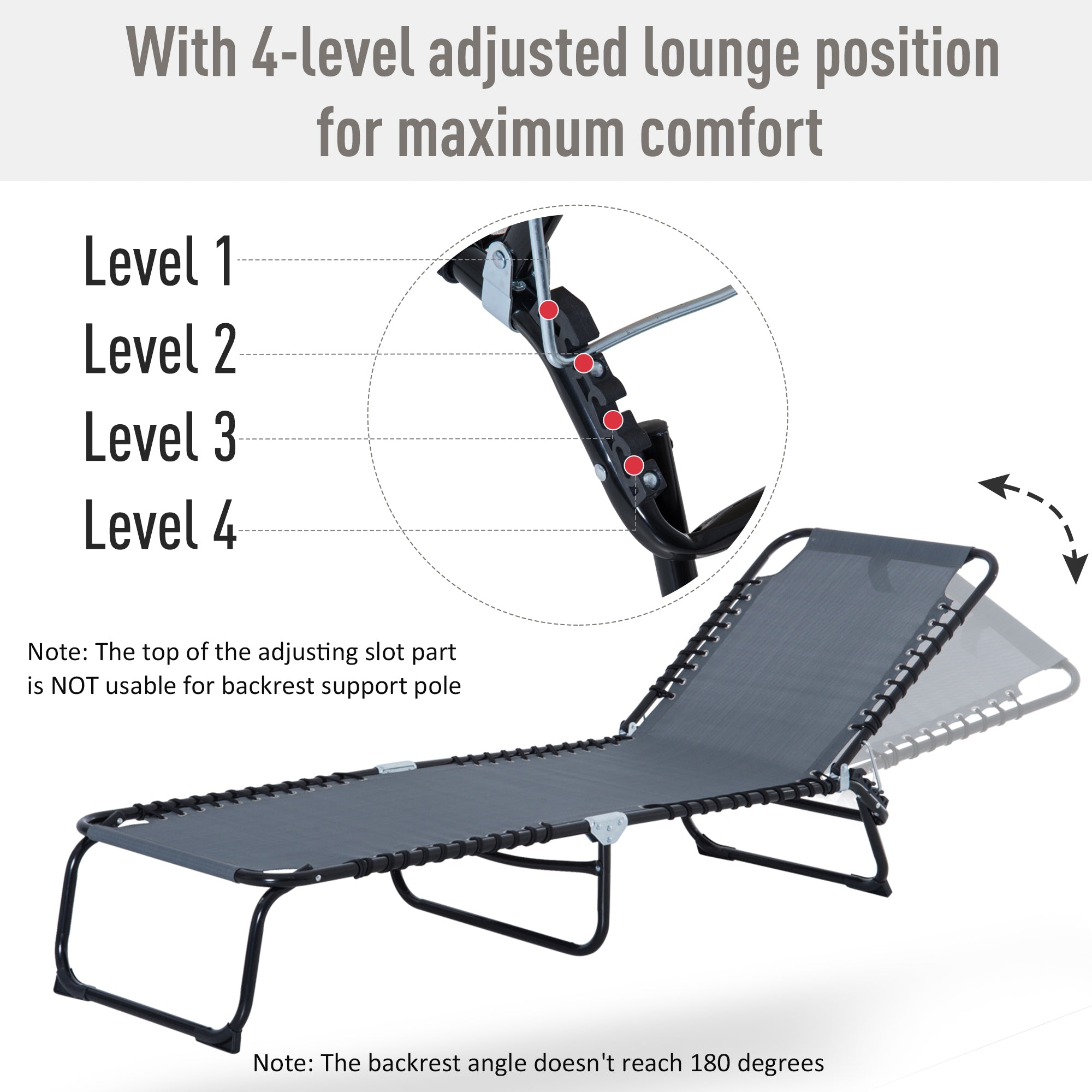 Outsunny Foldable Sun Lounger, Outdoor 4 Level Adjustable Backrest Reclining Chaise Chair, Steel Frame Recliner Chair for Camping, Hiking, Grey - North Peak Garden Furniture