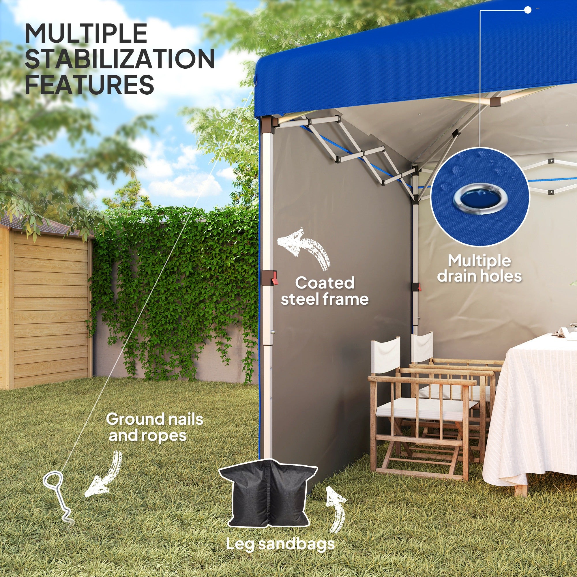 Outsunny 3 x 3 (M) Pop Up Gazebo, UPF 30+ with 2 Sidewalls, Leg Weight Bags and Wheeled Bag, Height Adjustable Party Tent Event Shelter for Garden, Patio, Blue - North Peak Garden Furniture
