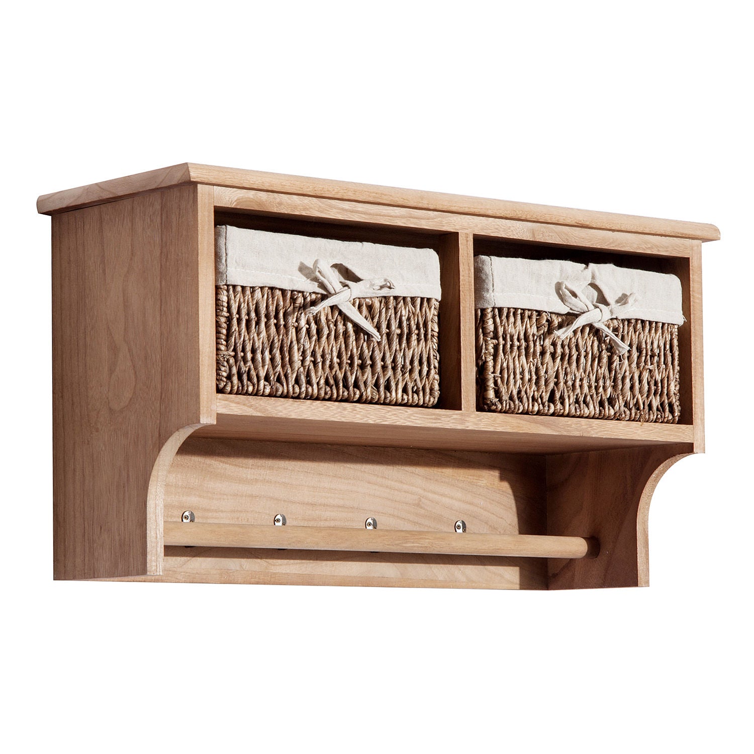 HOMCOM Entryway Coat Rack Wall Mounted Shelf w/ 2 Corn Husk Baskets and Hooks, Brown - North Peak Garden Furniture