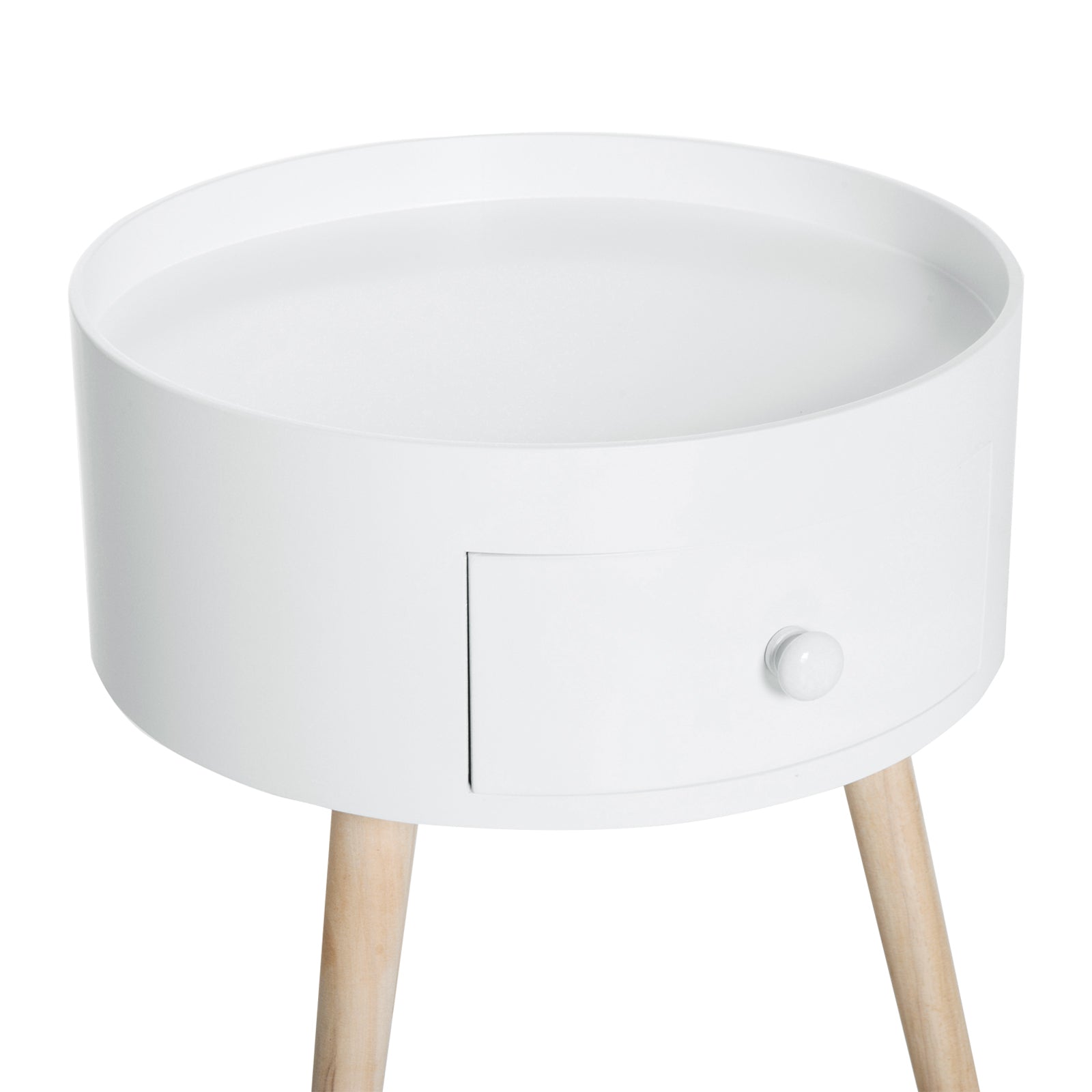 HOMCOM Modern Side Table, Small Coffee Table, Round Bedside Table with Drawer and Wood Legs for Living Room, Bedroom, Set of 2, White - North Peak Garden Furniture