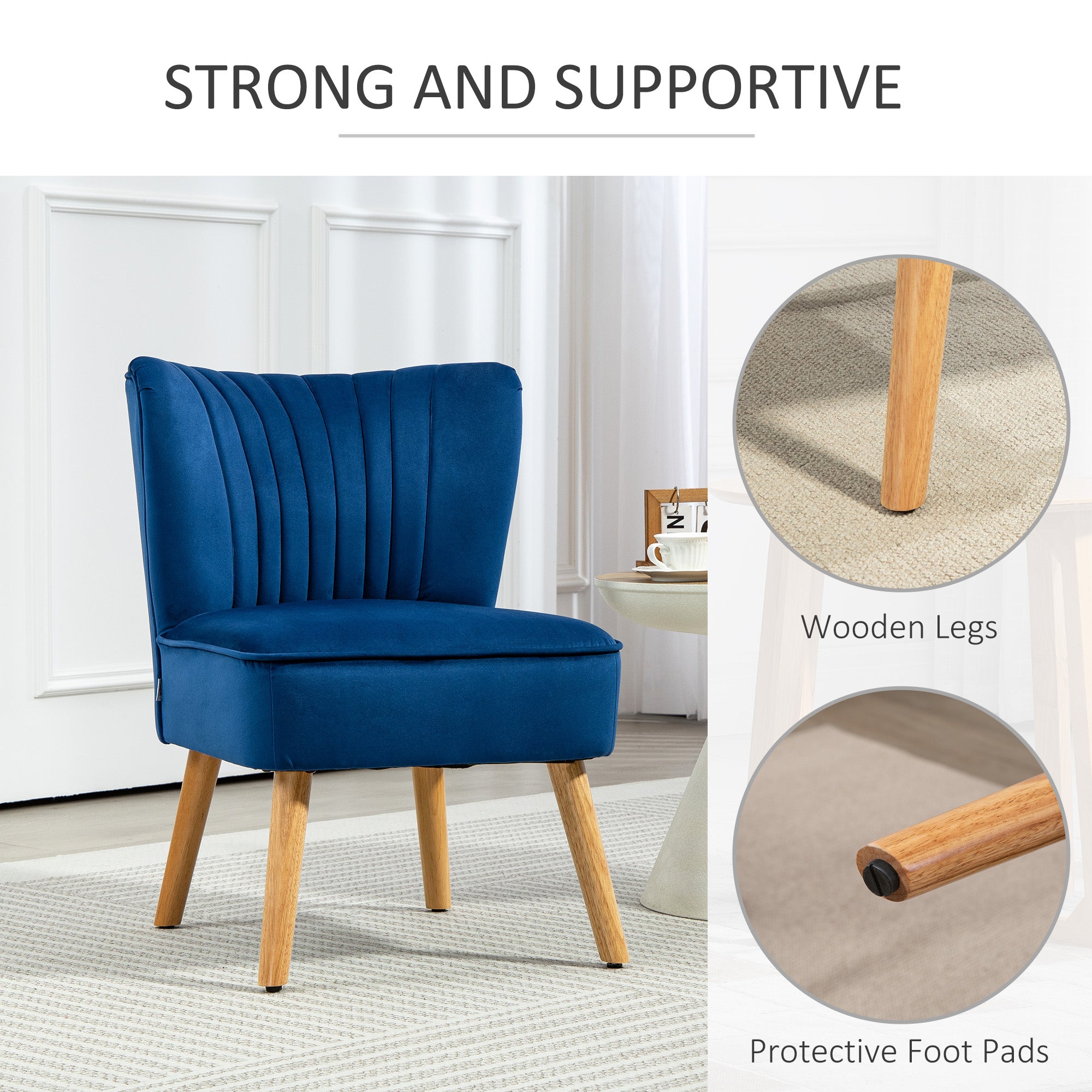 HOMCOM Modern Accent Chair, Fabric Living Room Chair with Rubber Wood Legs and Thick Padding, Dark Blue - North Peak Garden Furniture