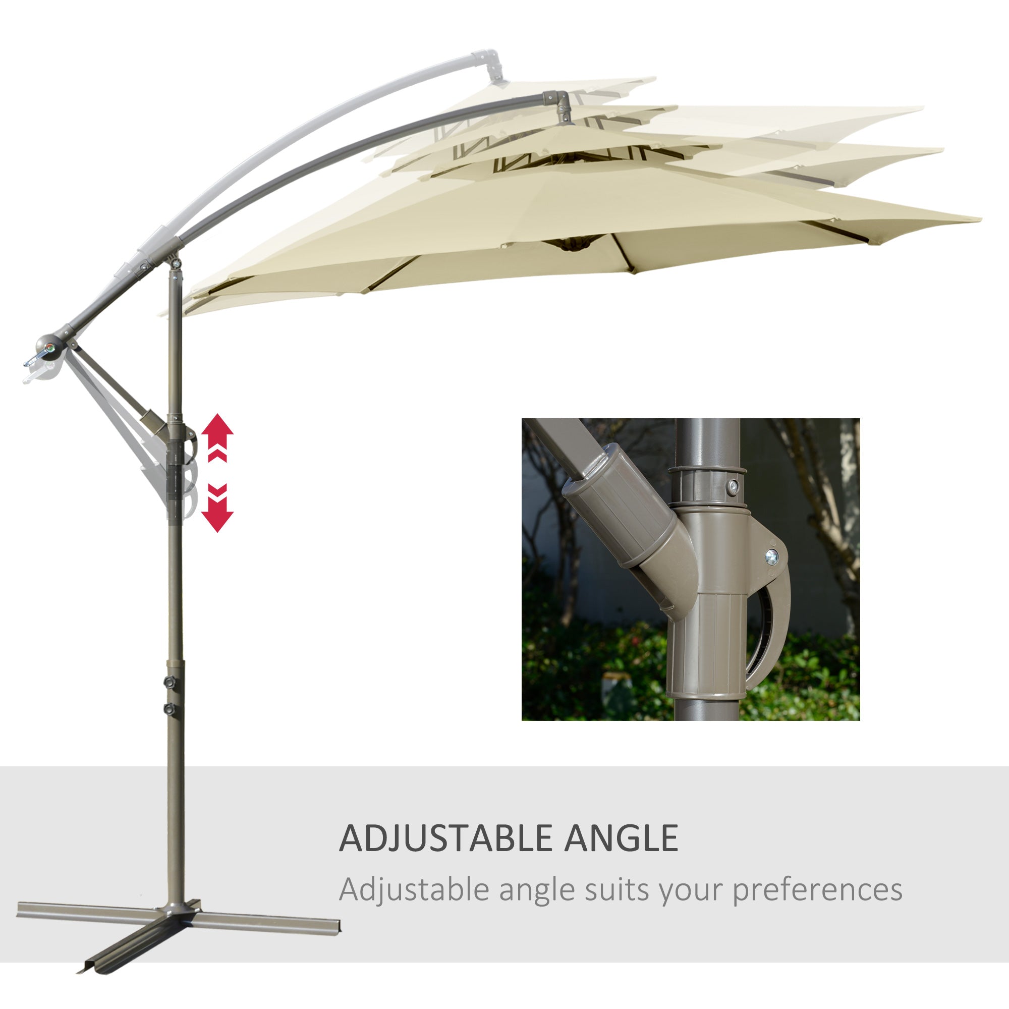 Outsunny 2.7m Garden Banana Parasol Cantilever Umbrella with Crank Handle, Double Tier Canopy and Cross Base for Outdoor, Hanging Sun Shade, Beige