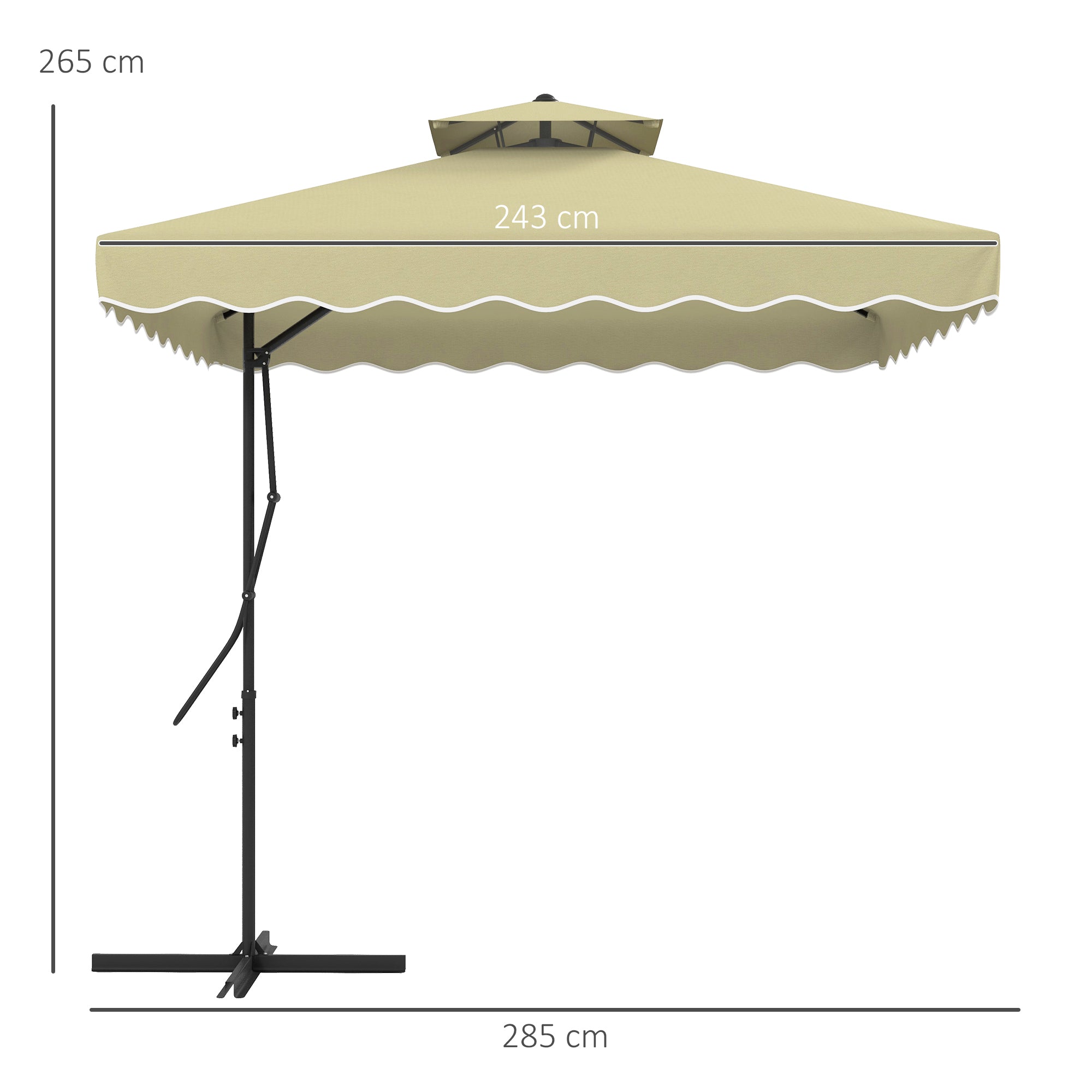 Outsunny 2.5m Square Double Top Garden Parasol Cantilever Umbrella with Ruffles, Beige