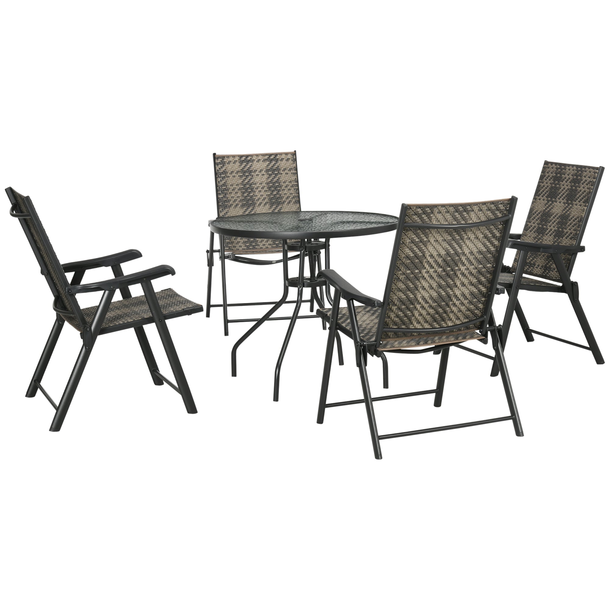Outsunny 4 Seater Rattan Dining Set, Rattan Garden Furniture Set with Parasol Hole, Outdoor Dining Table and Chairs with 4 Armchairs, Round Glass Top Table for Patio, Balcony, Mixed Grey - North Peak Garden Furniture