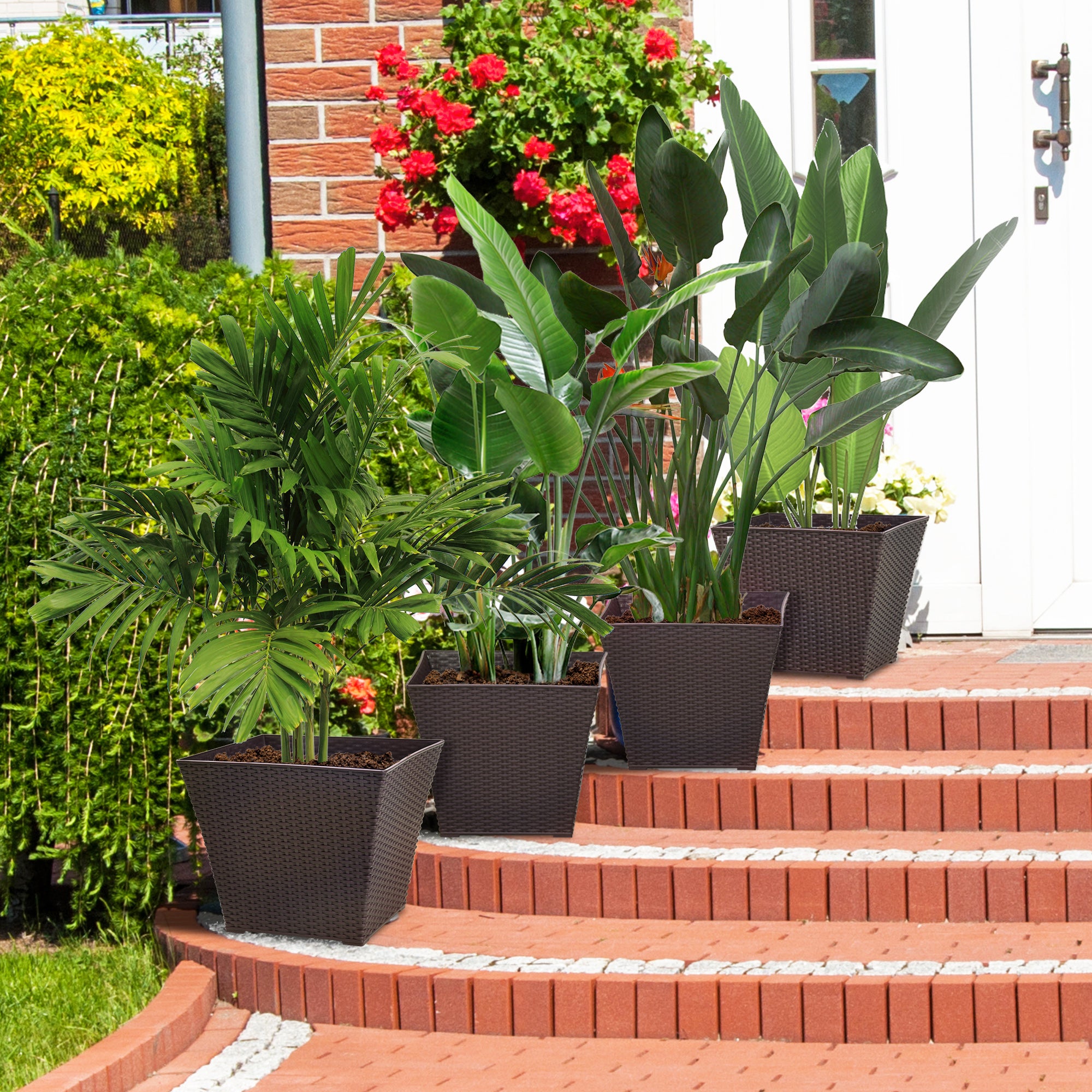 Outsunny Outdoor Planter Pack of 4, Rattan Effect Plant Pots Indoor Stackable Design, for Garden Patio Porch Deck, Brown |