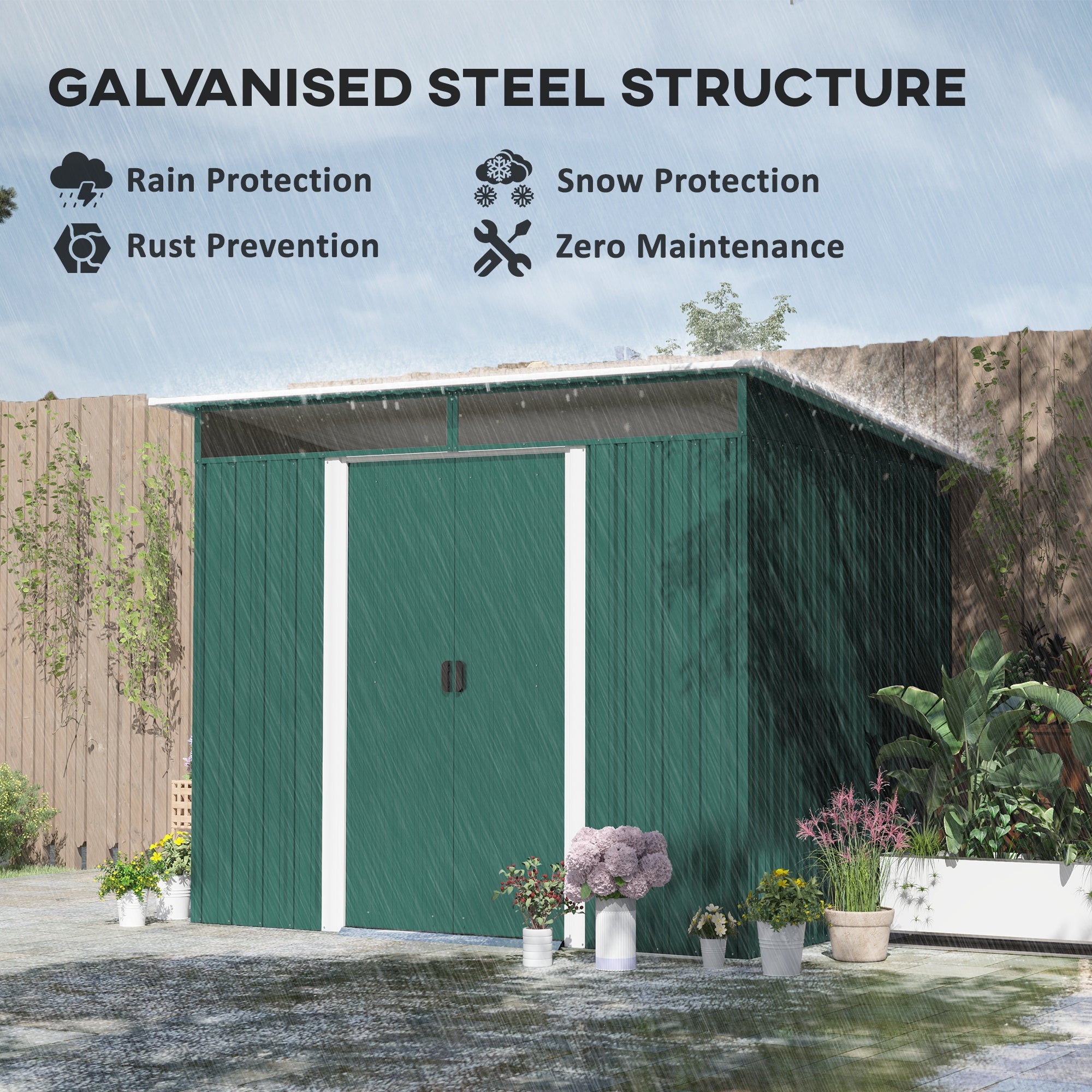 Outsunny 8.5 x 6ft Metal Shed with Lightsky Panels, Garden Storage Tool House with Double Doors for Garden, Patio and Lawn, Green - North Peak Garden Furniture